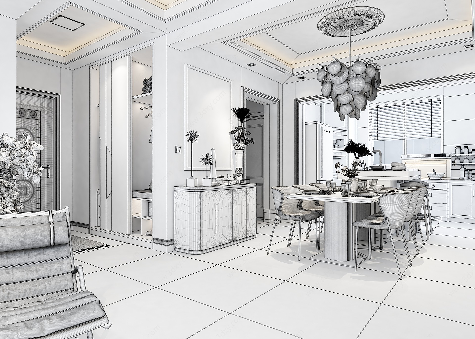 现代风格餐厅开放式厨房3D模型