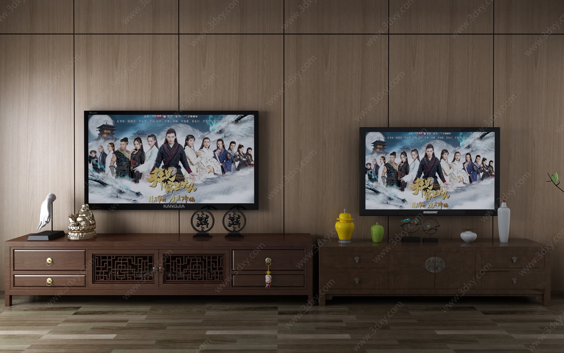 中式电视柜电视墙3D模型