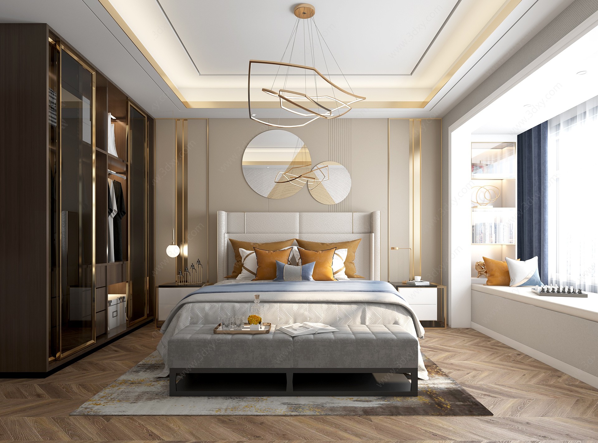 现代轻奢卧室床床头柜3D模型