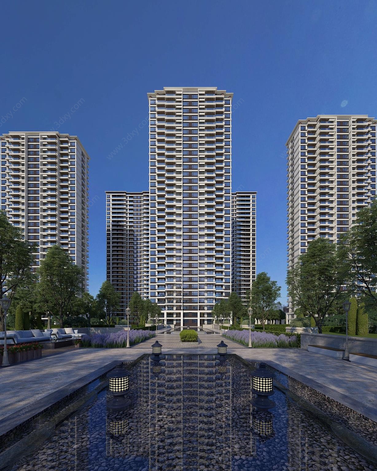 现代新亚洲高层住宅小区3D模型