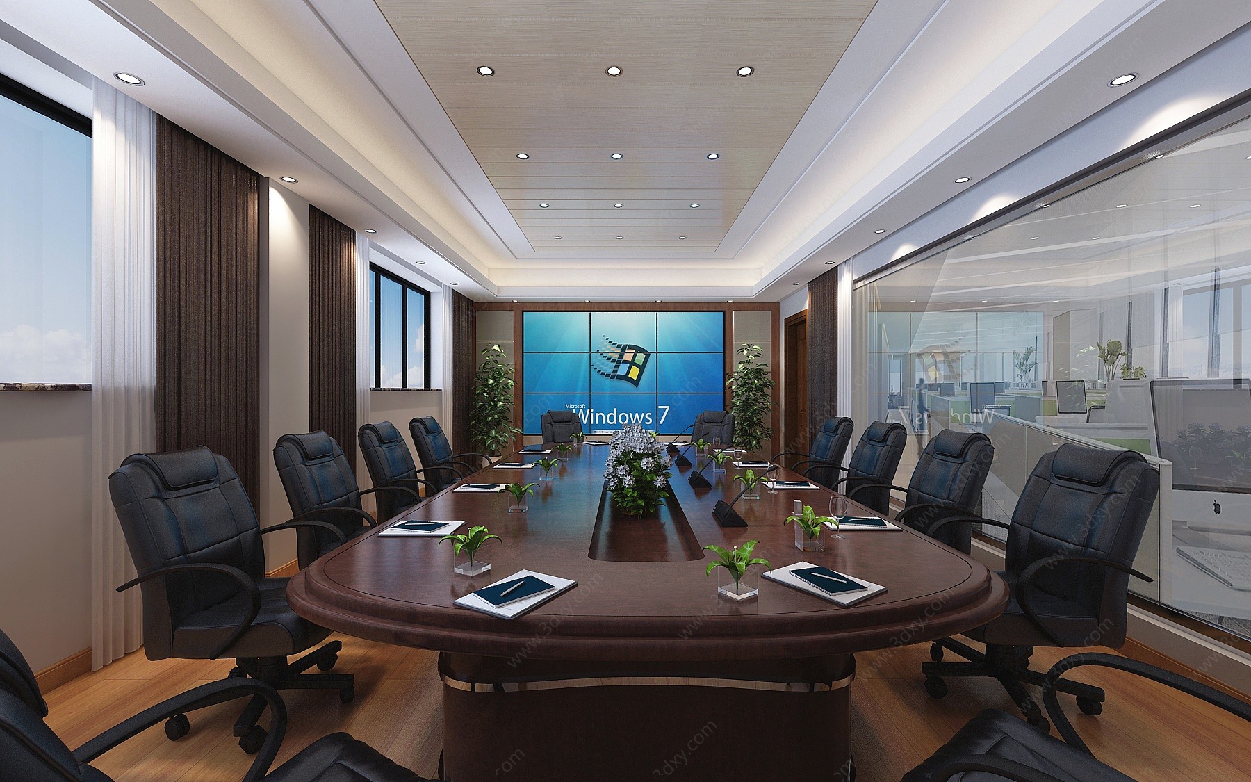 新中式会议室LED屏幕3D模型