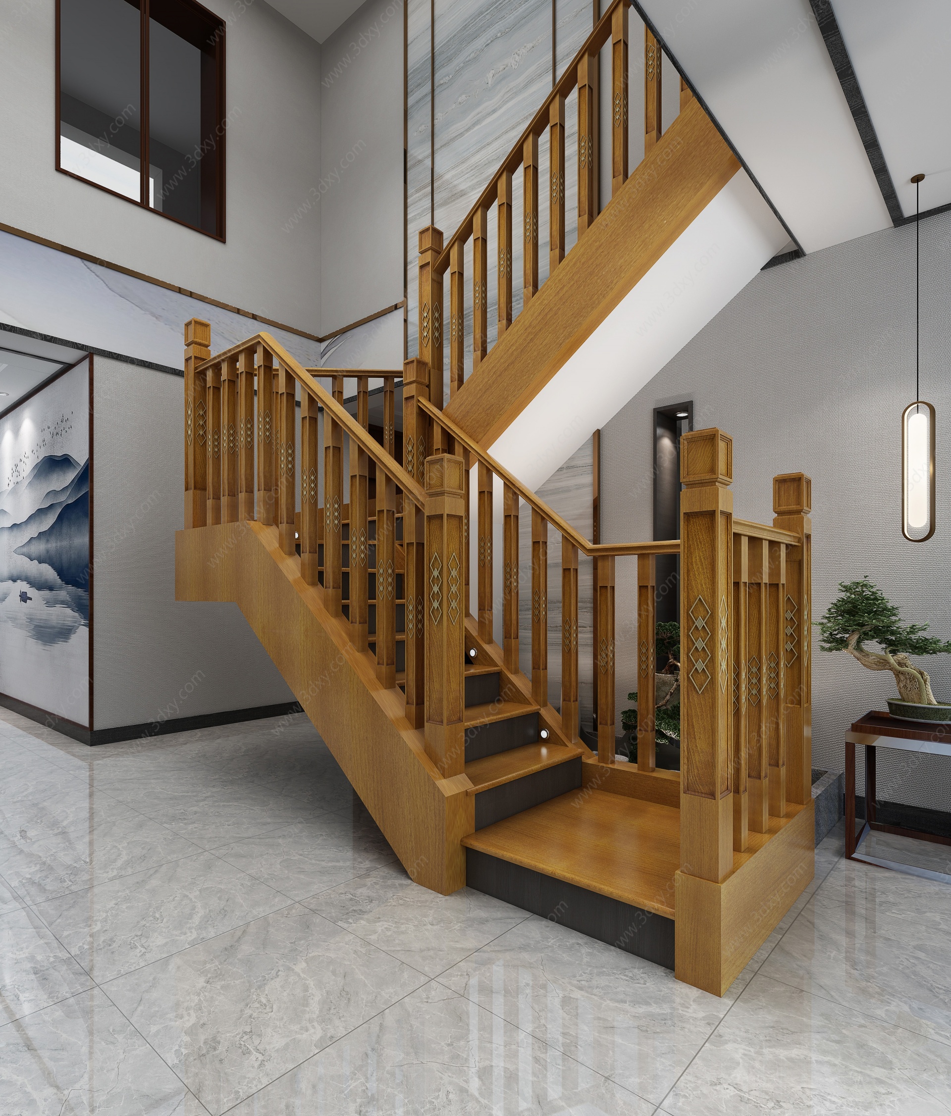 新中式实木楼梯木艺楼梯3D模型
