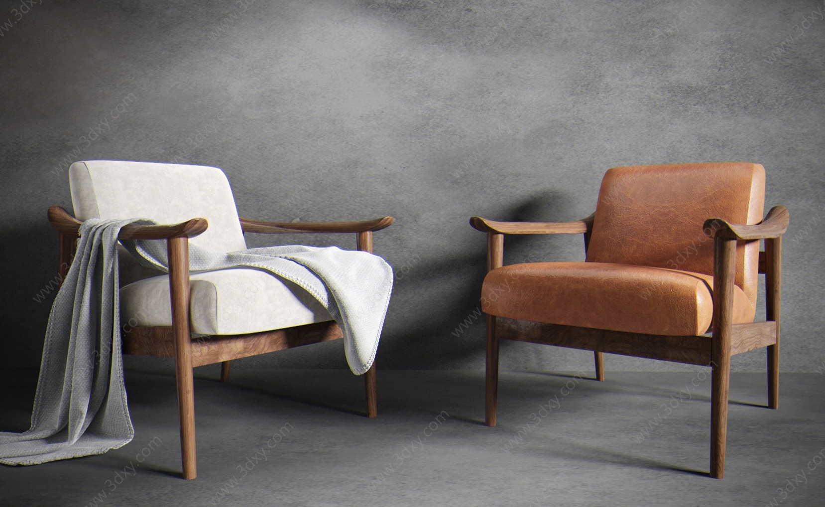 北欧实木布艺单椅组合3D模型