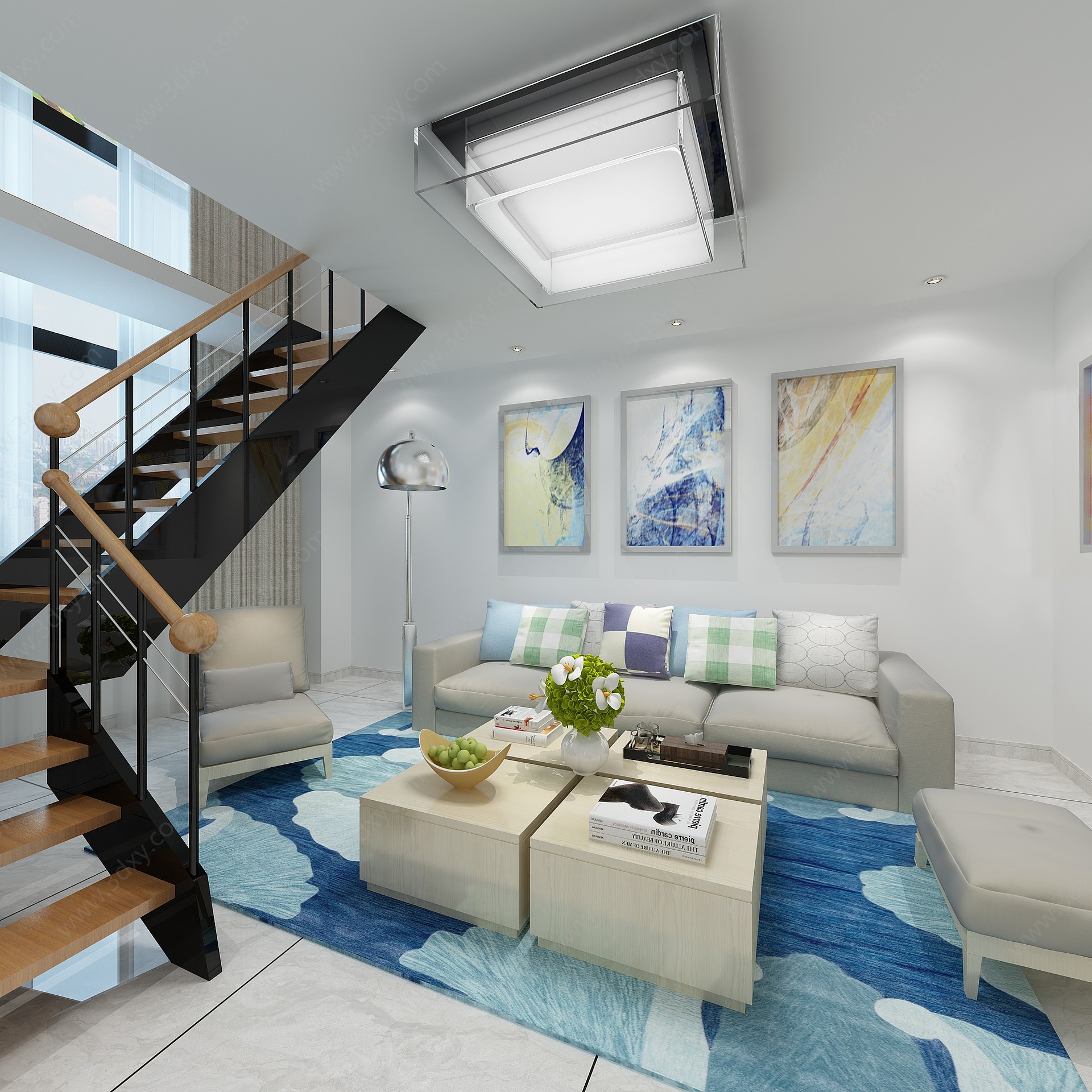 现代简约带楼梯客厅卧室3D模型