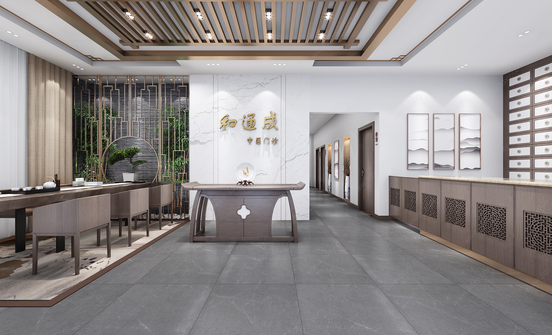 新中式中医院接待大厅3D模型