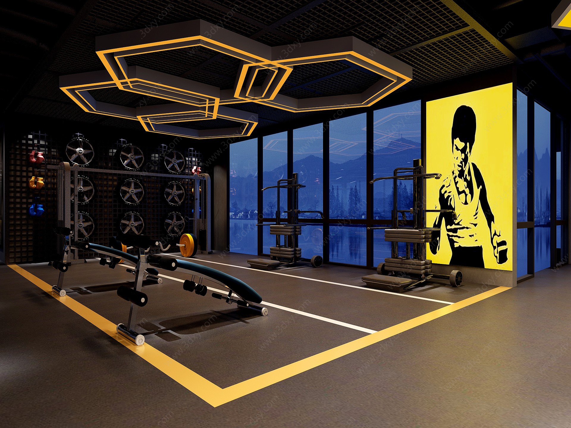 工业风健身房前台瑜伽房3D模型