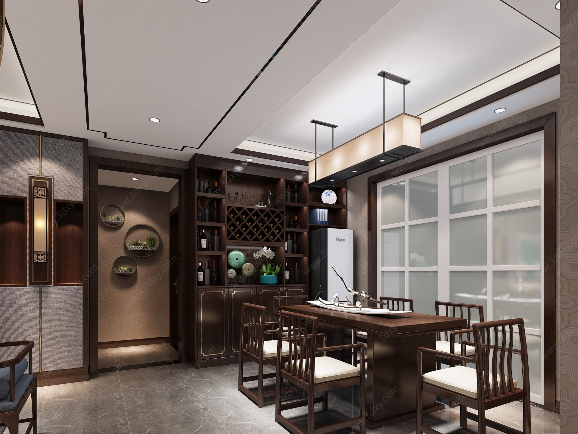 中式客餐厅酒柜鞋柜3D模型