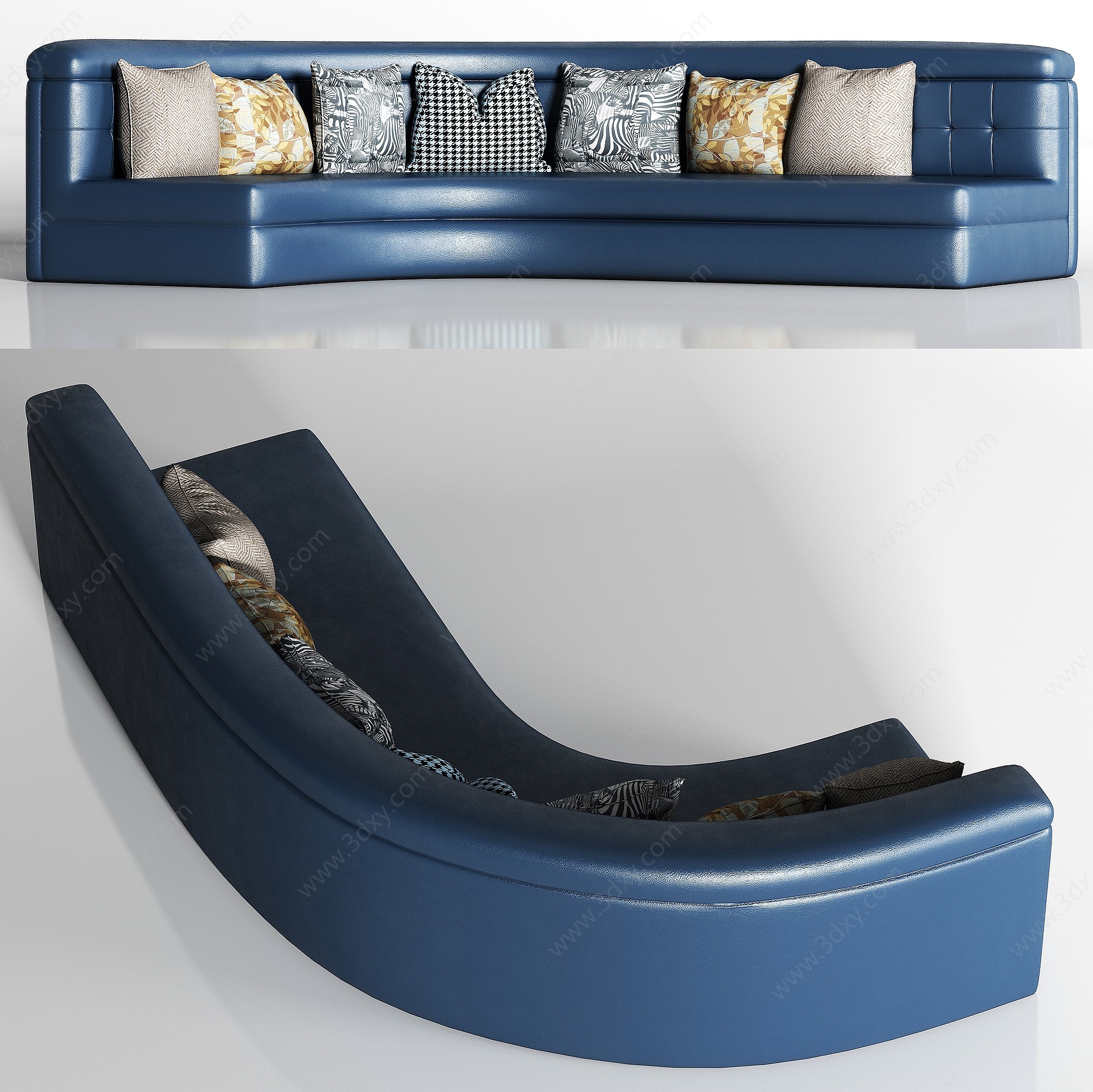 简欧弧形皮革多人沙发枕头3D模型