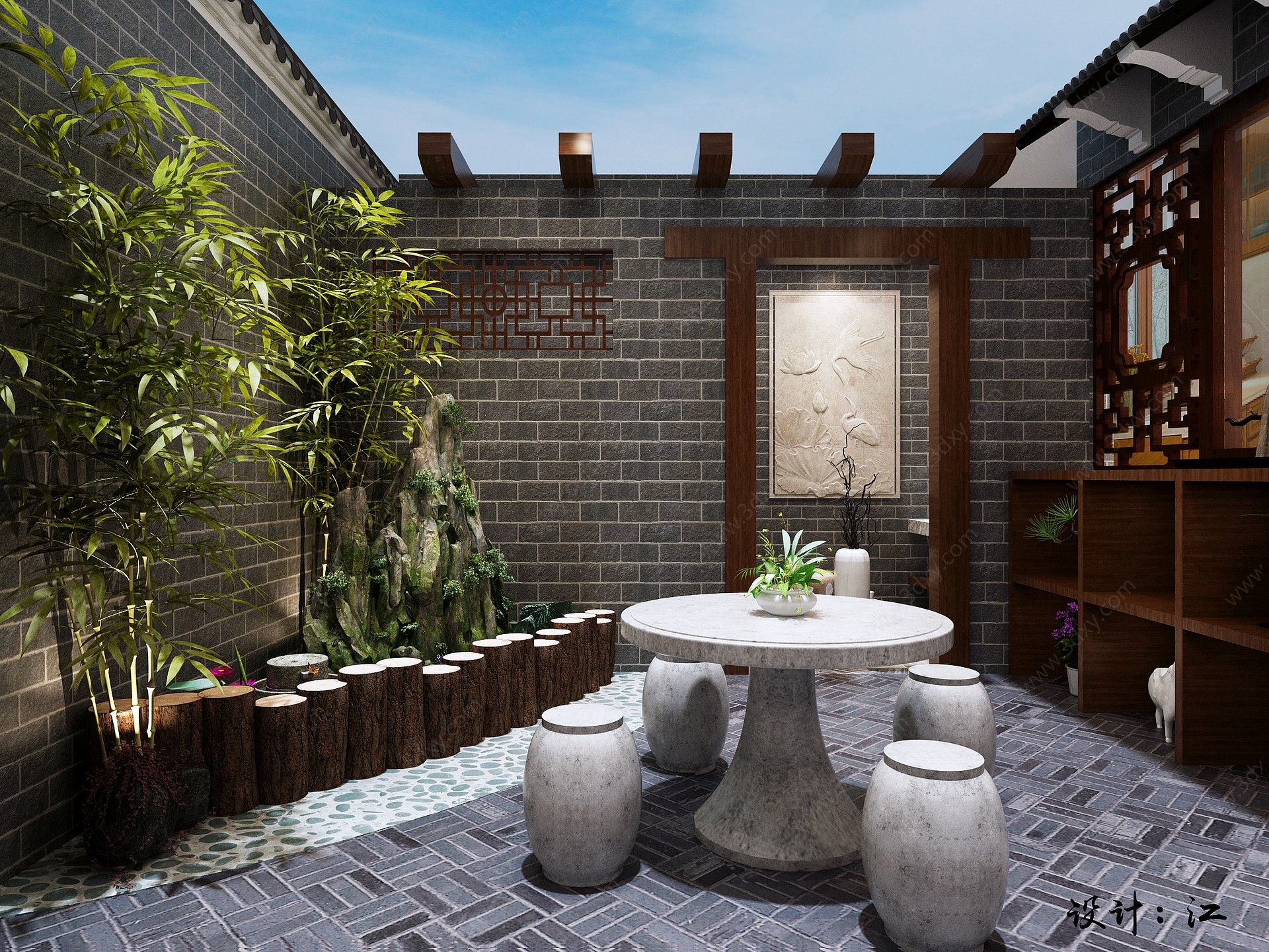 中式庭院假山水池水缸3D模型