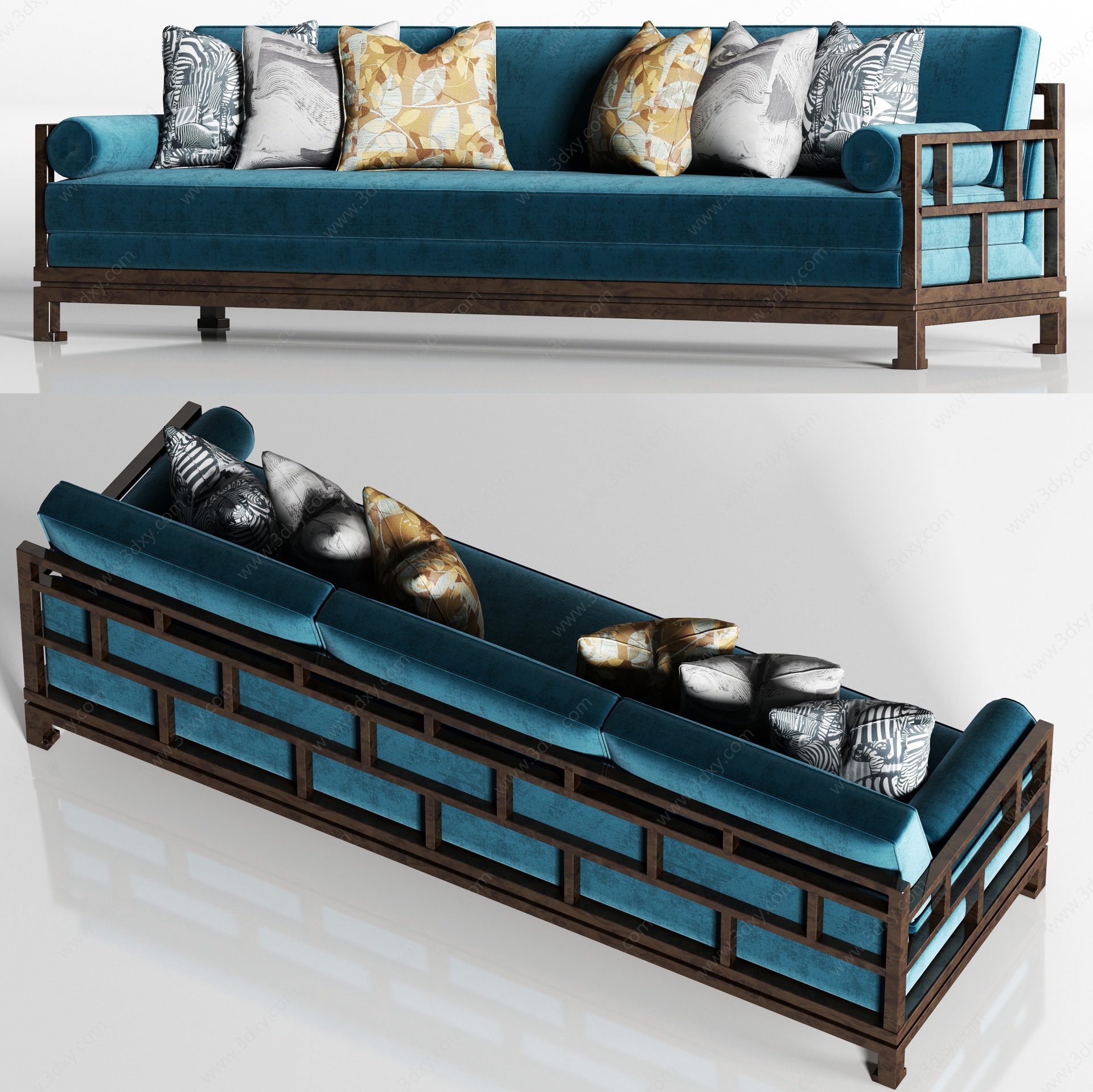 新中式蓝色绒布多人沙发3D模型