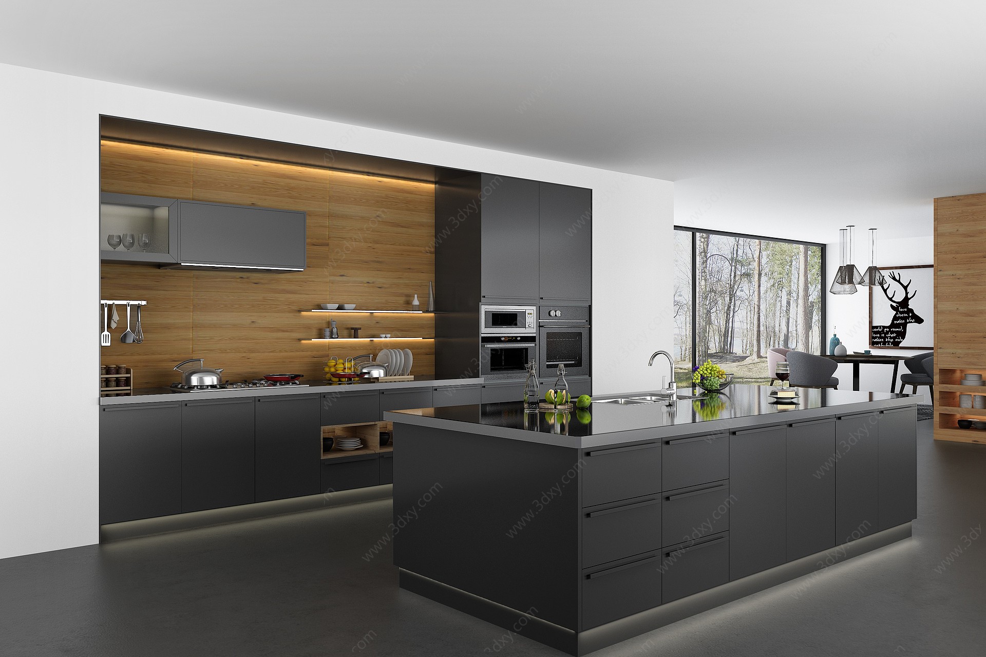 黑色实木橱柜厨房3D模型