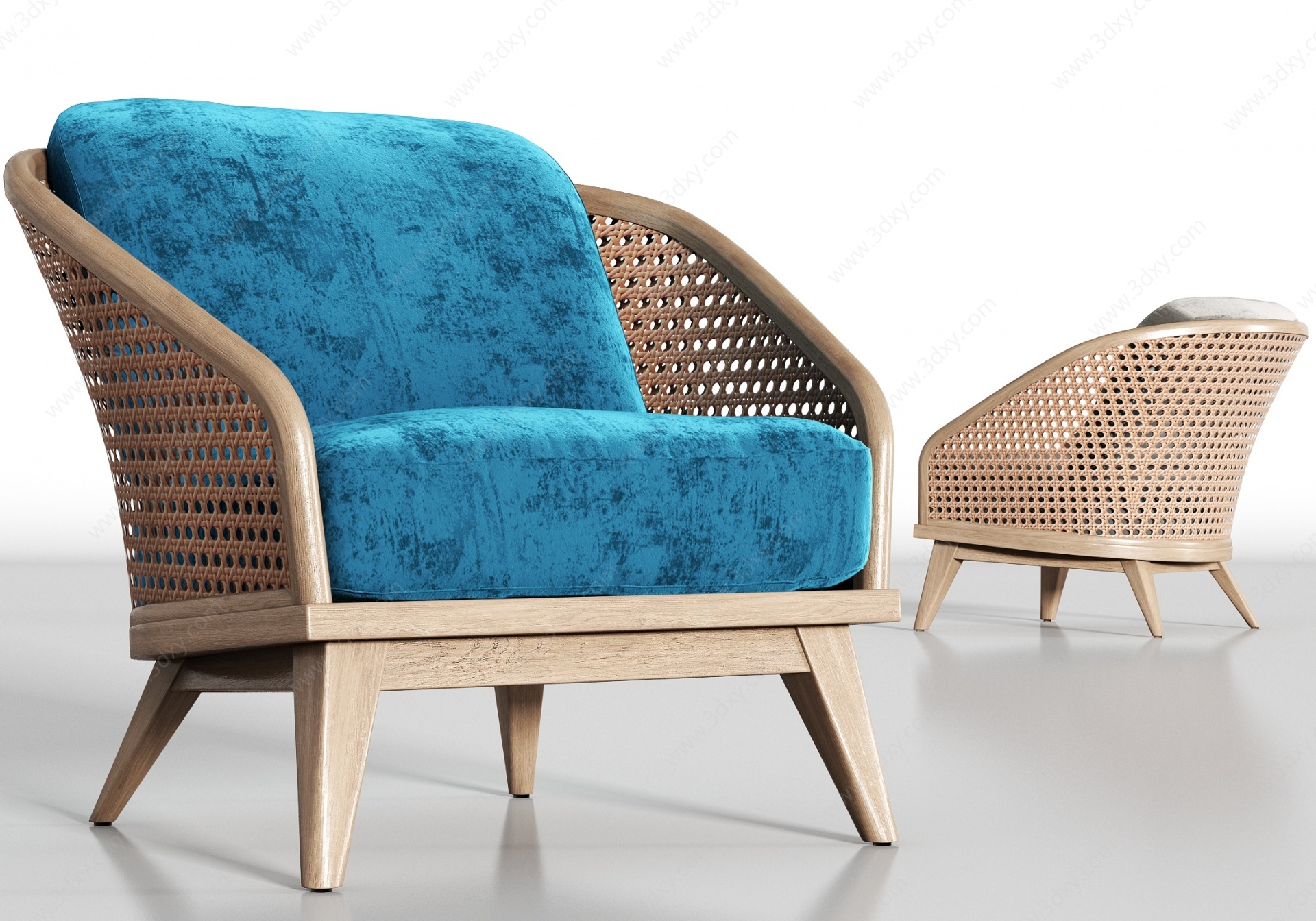 现代实木藤绒布单人沙发3D模型