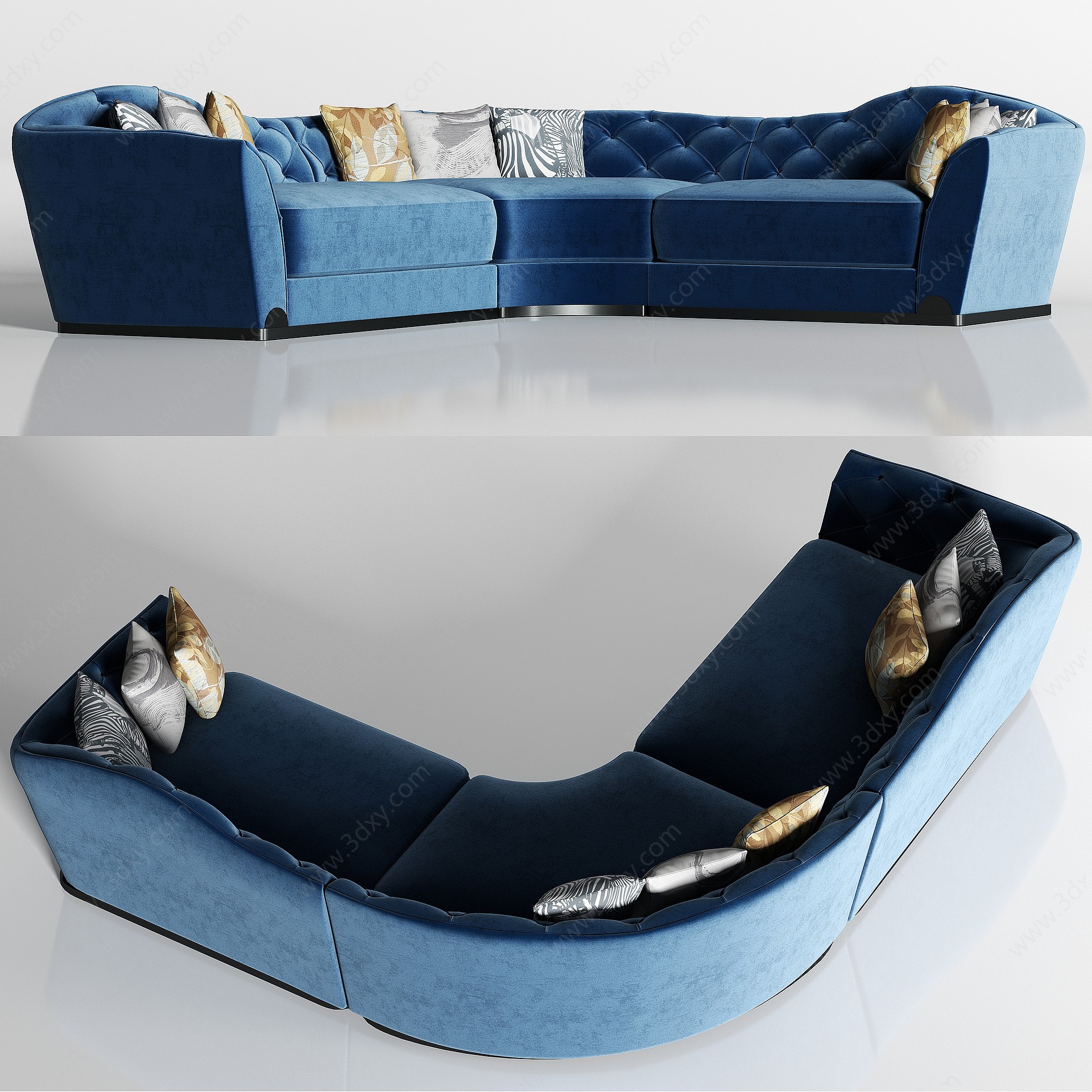 欧式蓝绒弧形多人沙发枕头3D模型