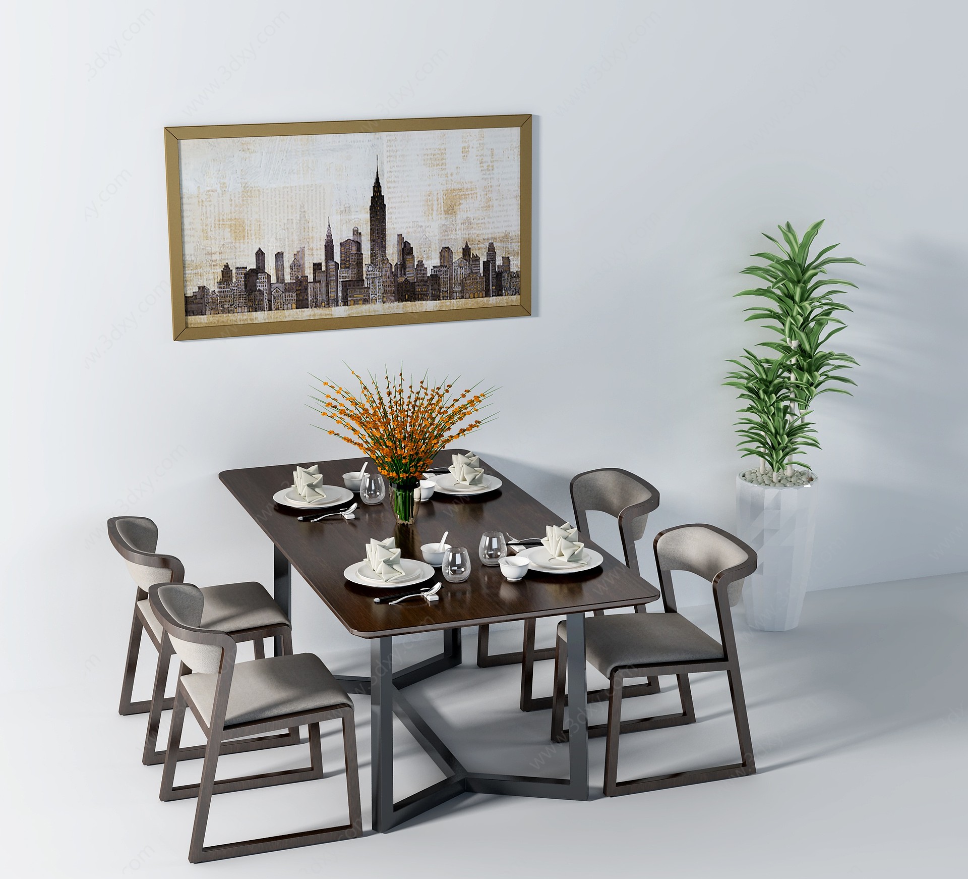 现代餐桌绿植挂画组合3D模型
