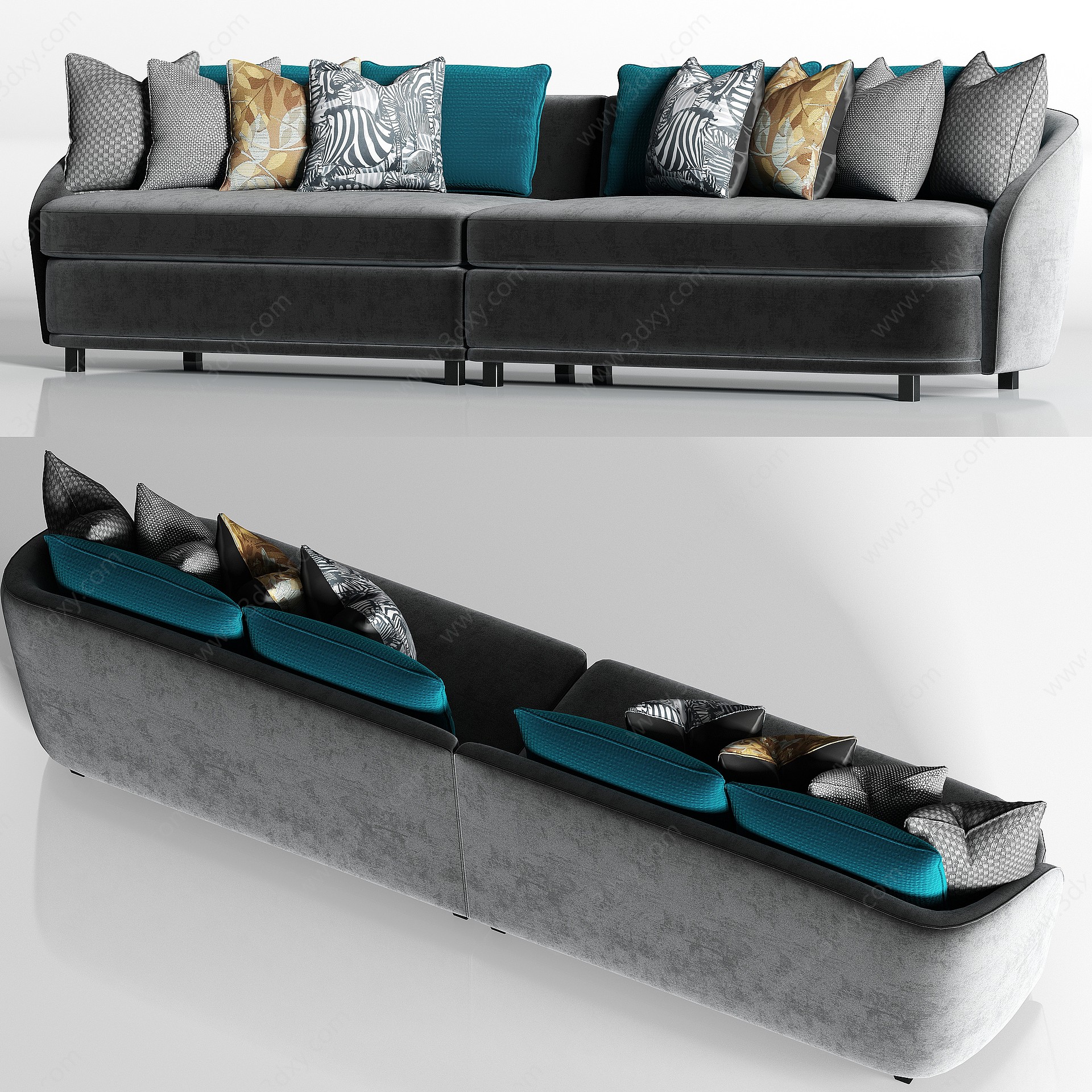 现代灰绒多人沙发枕头3D模型