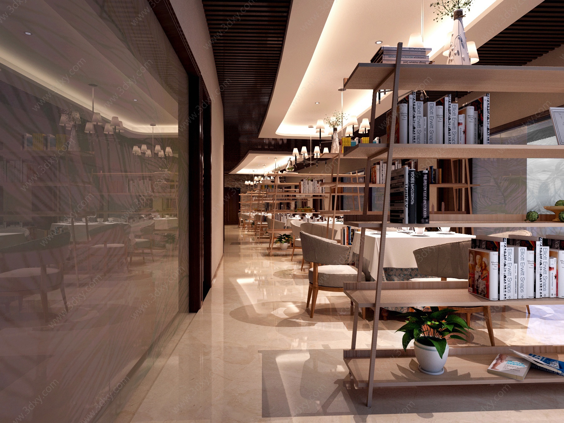 现代咖啡厅大厅过道书吧区3D模型