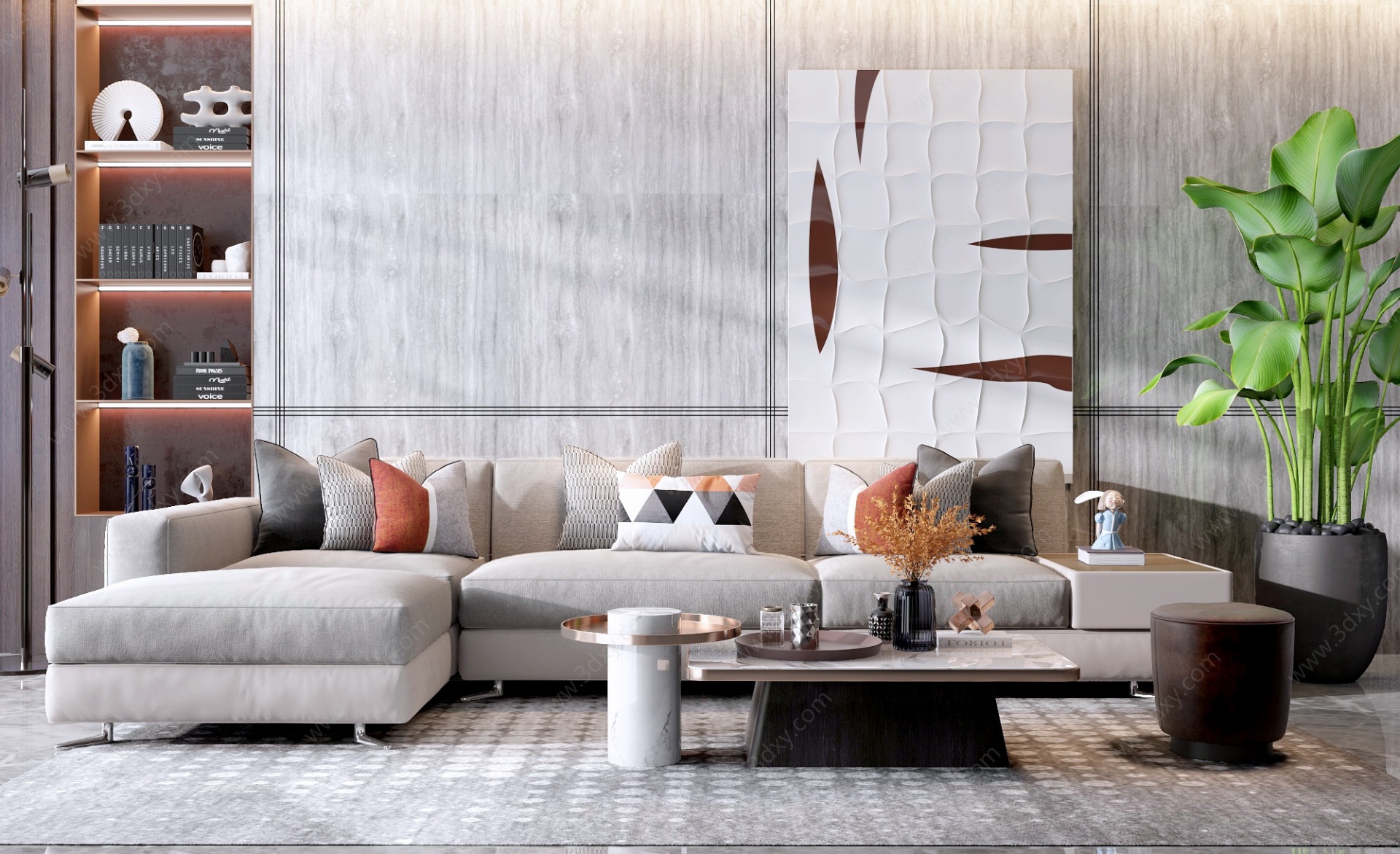 现代转角布纹沙发茶几组合3D模型