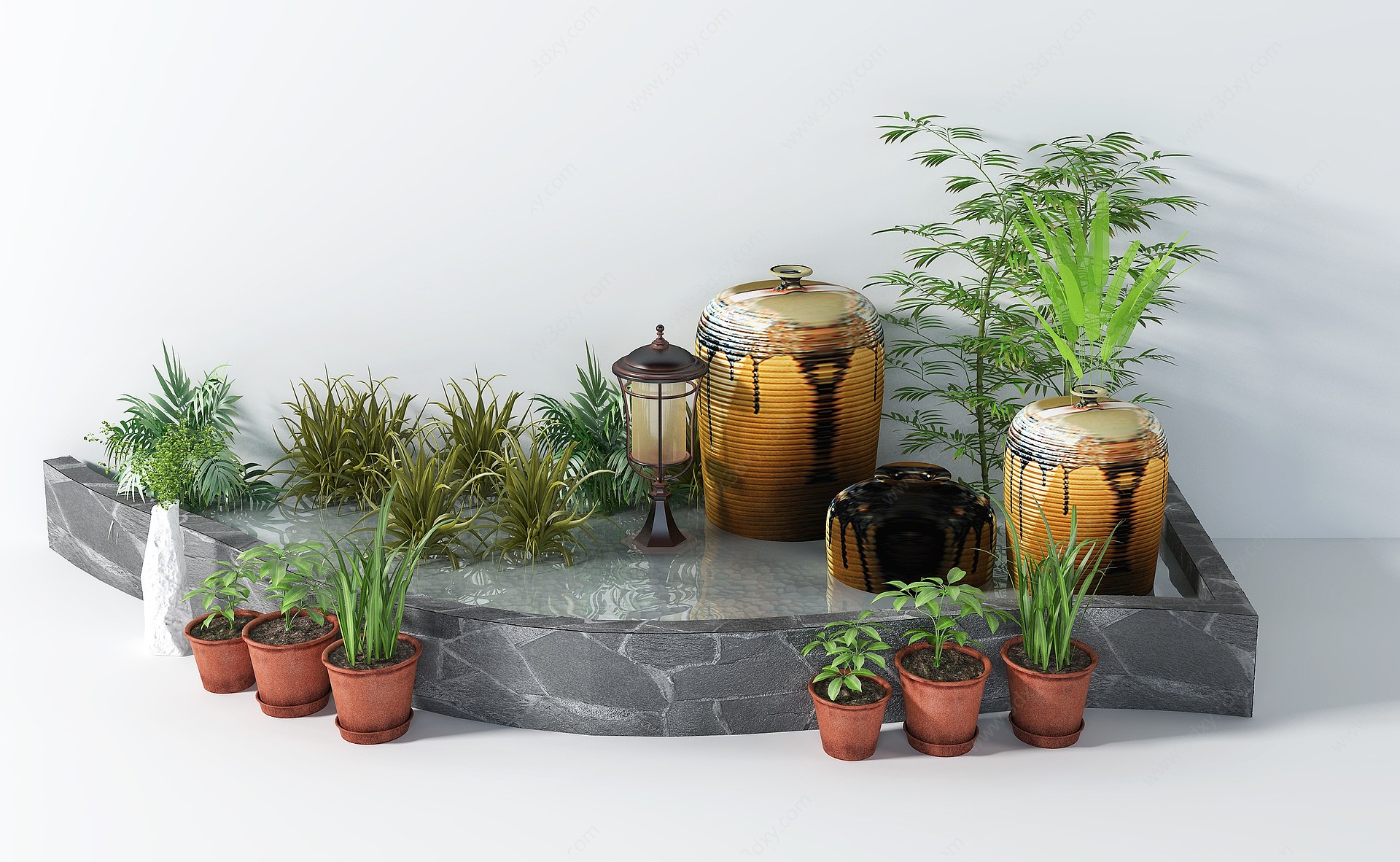 现代园林小景绿植盆栽水池3D模型
