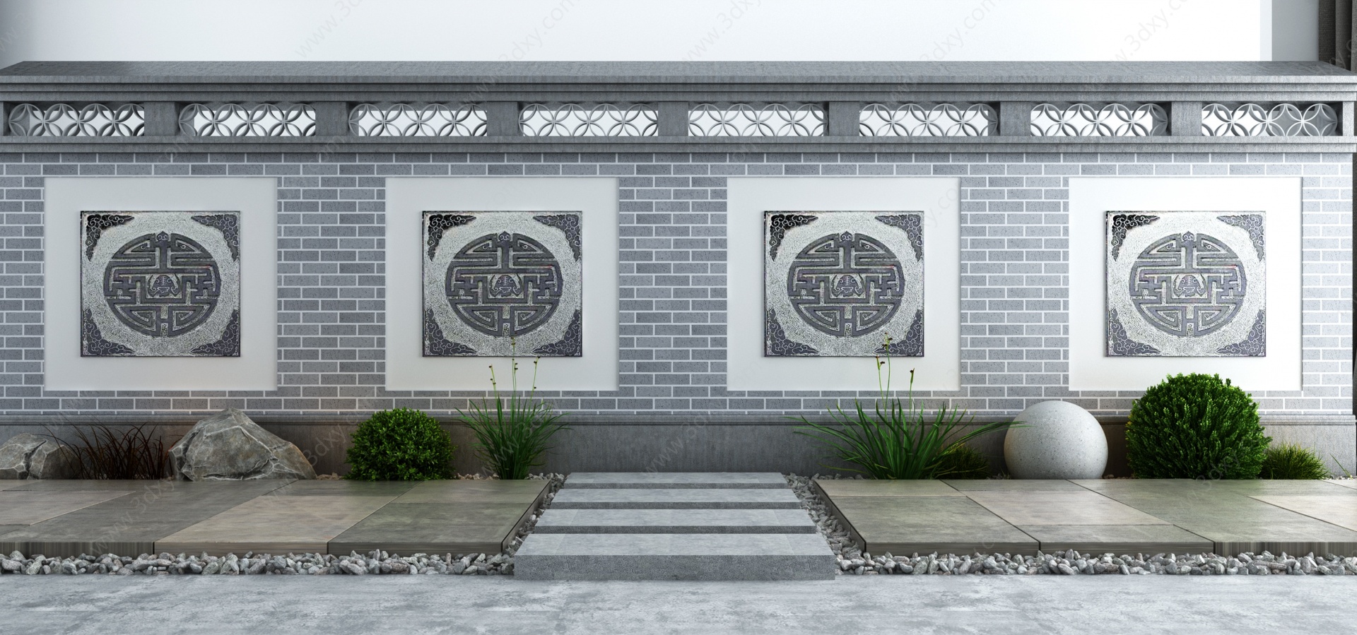 新中式庭院围墙石路园艺3D模型