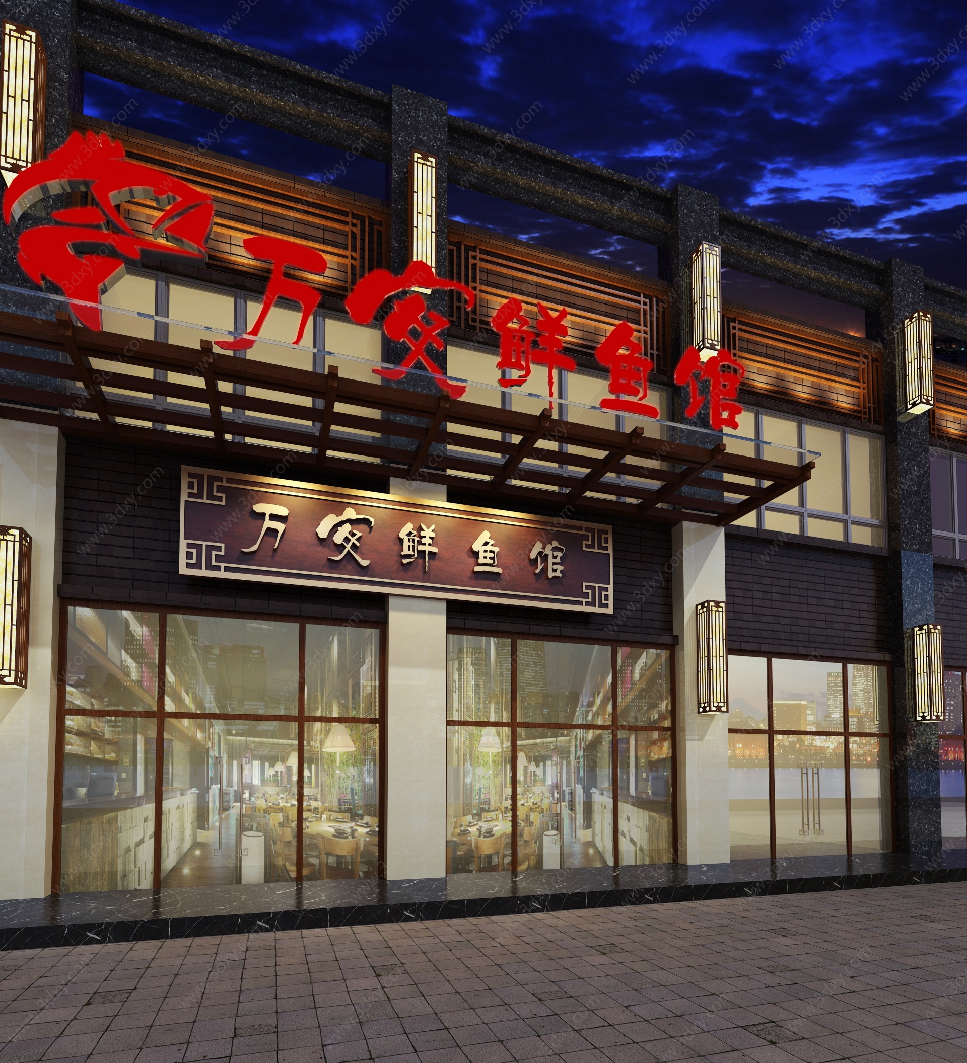 新中式鱼馆餐厅门头3D模型