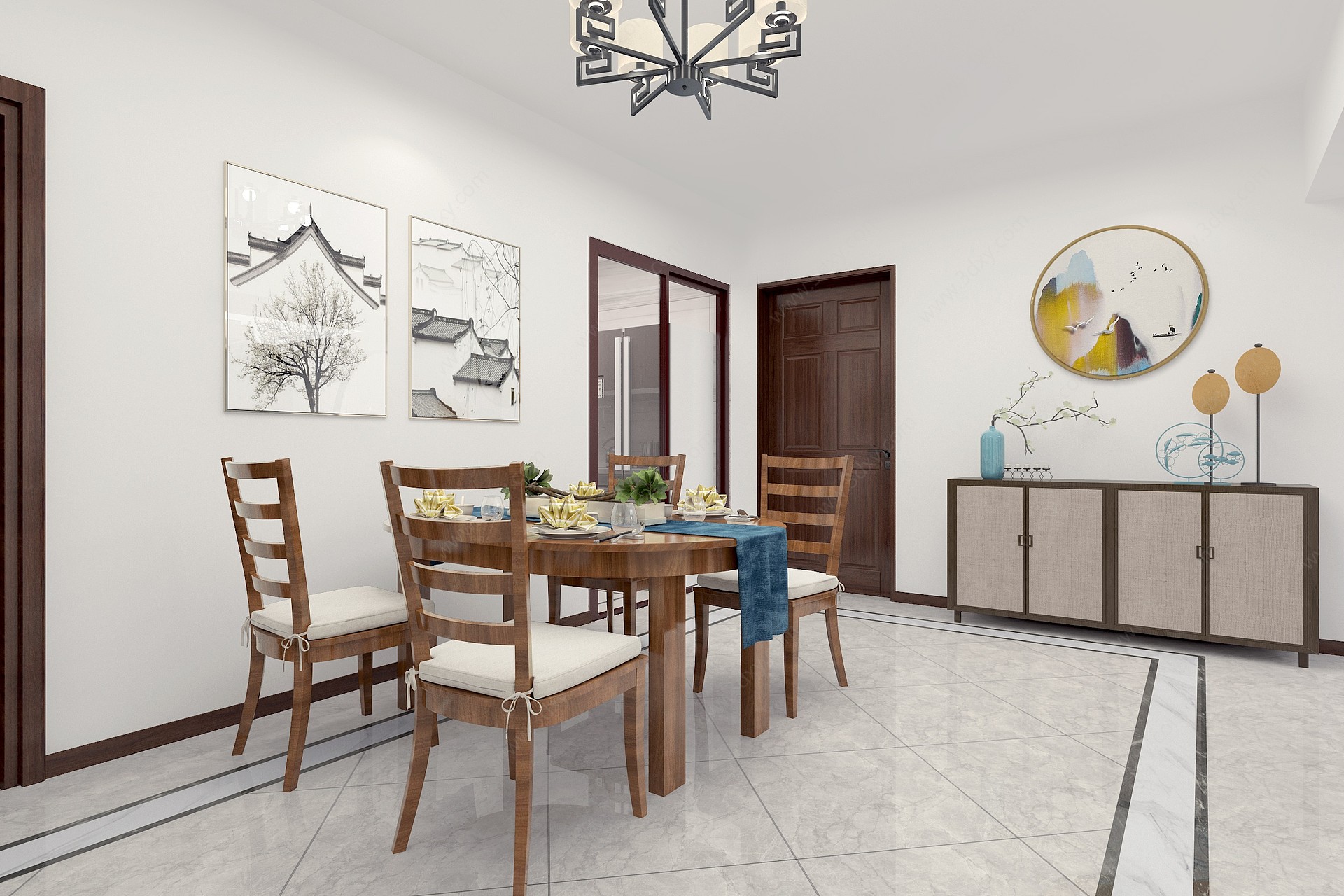 新中式客厅沙发家具背景墙3D模型
