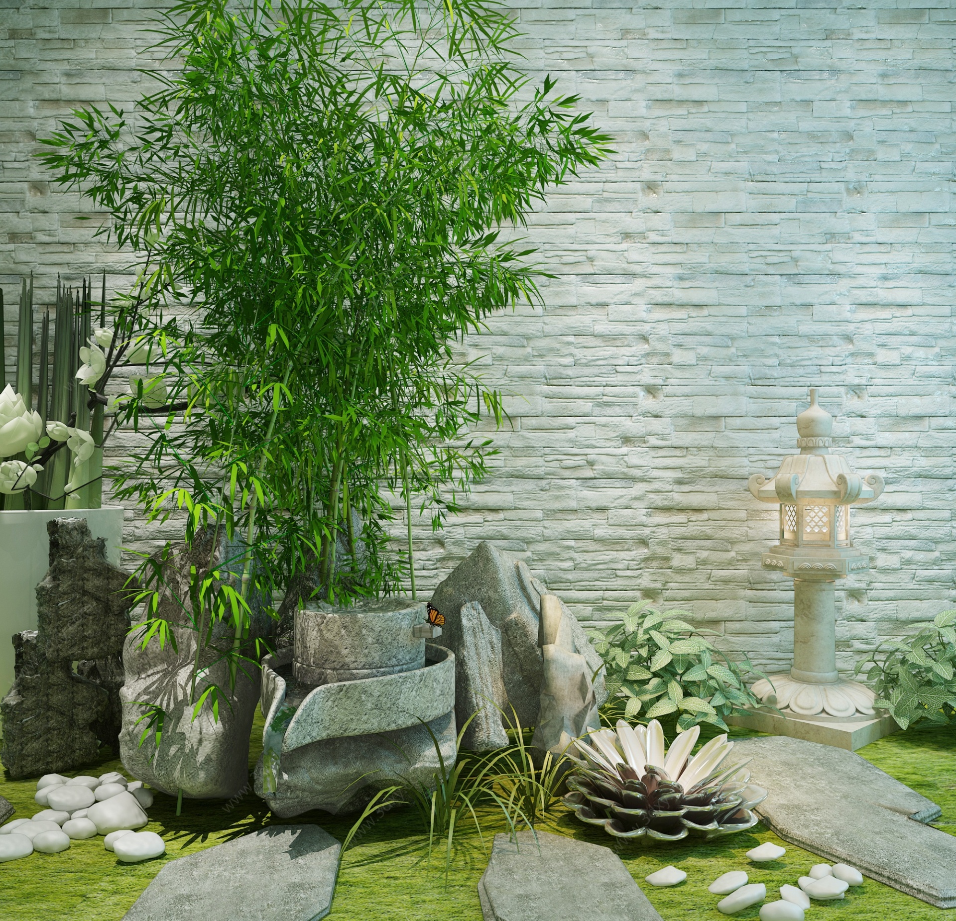 中式小景观假山竹子庭院3D模型
