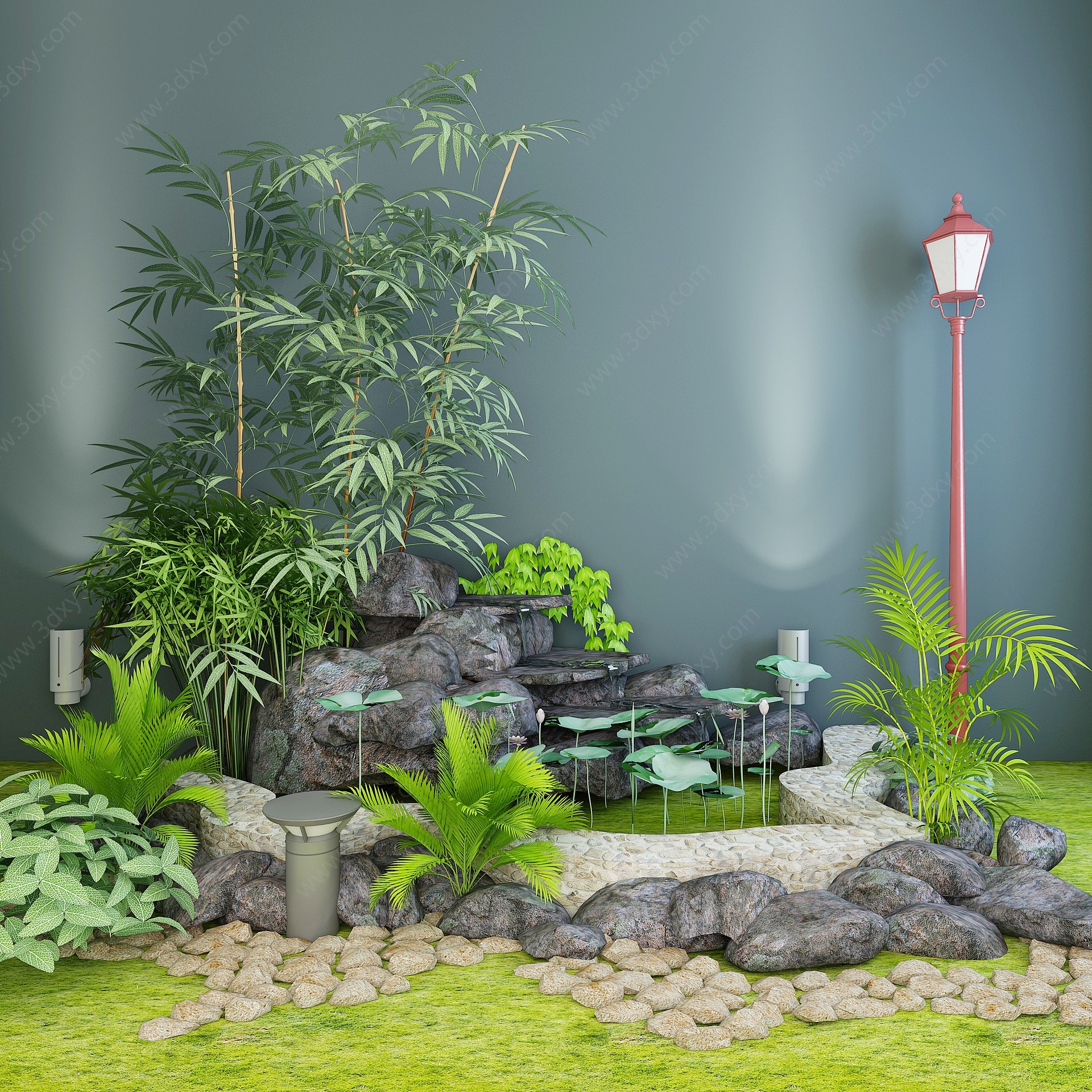 中式花园水池景观植物3D模型