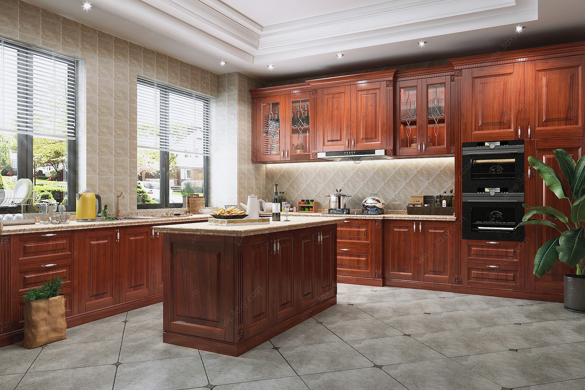 美式厨房实木橱柜厨房3D模型