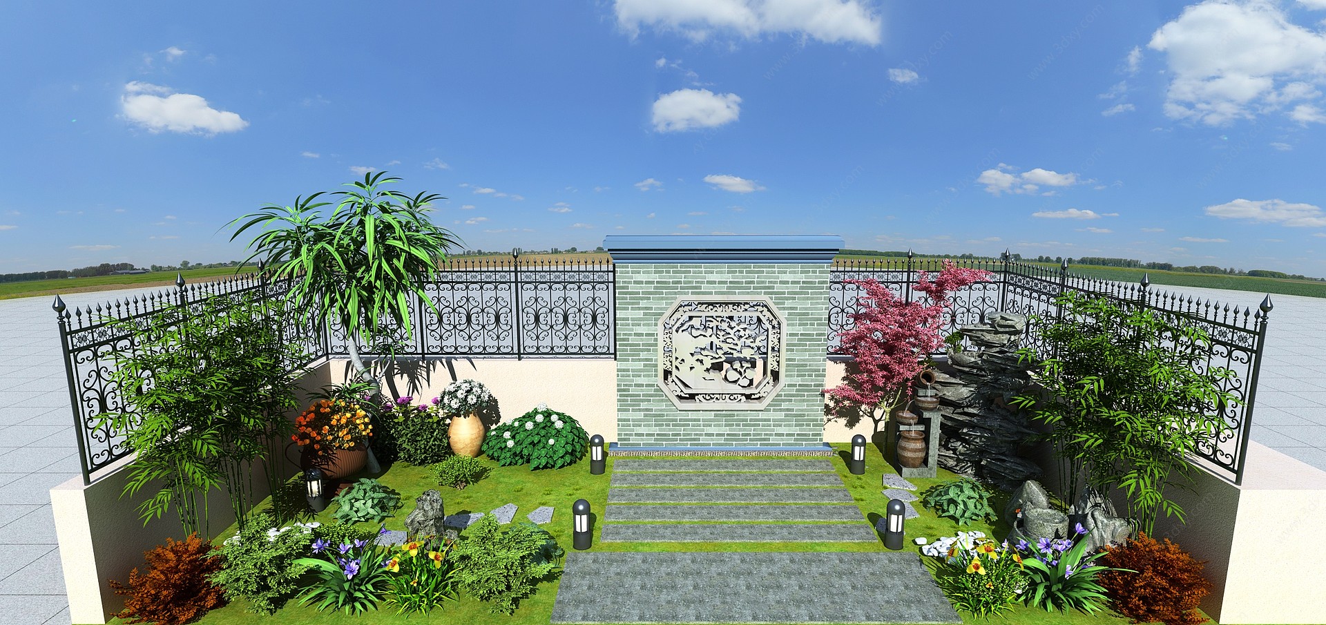 新中式后花园庭院景观3D模型