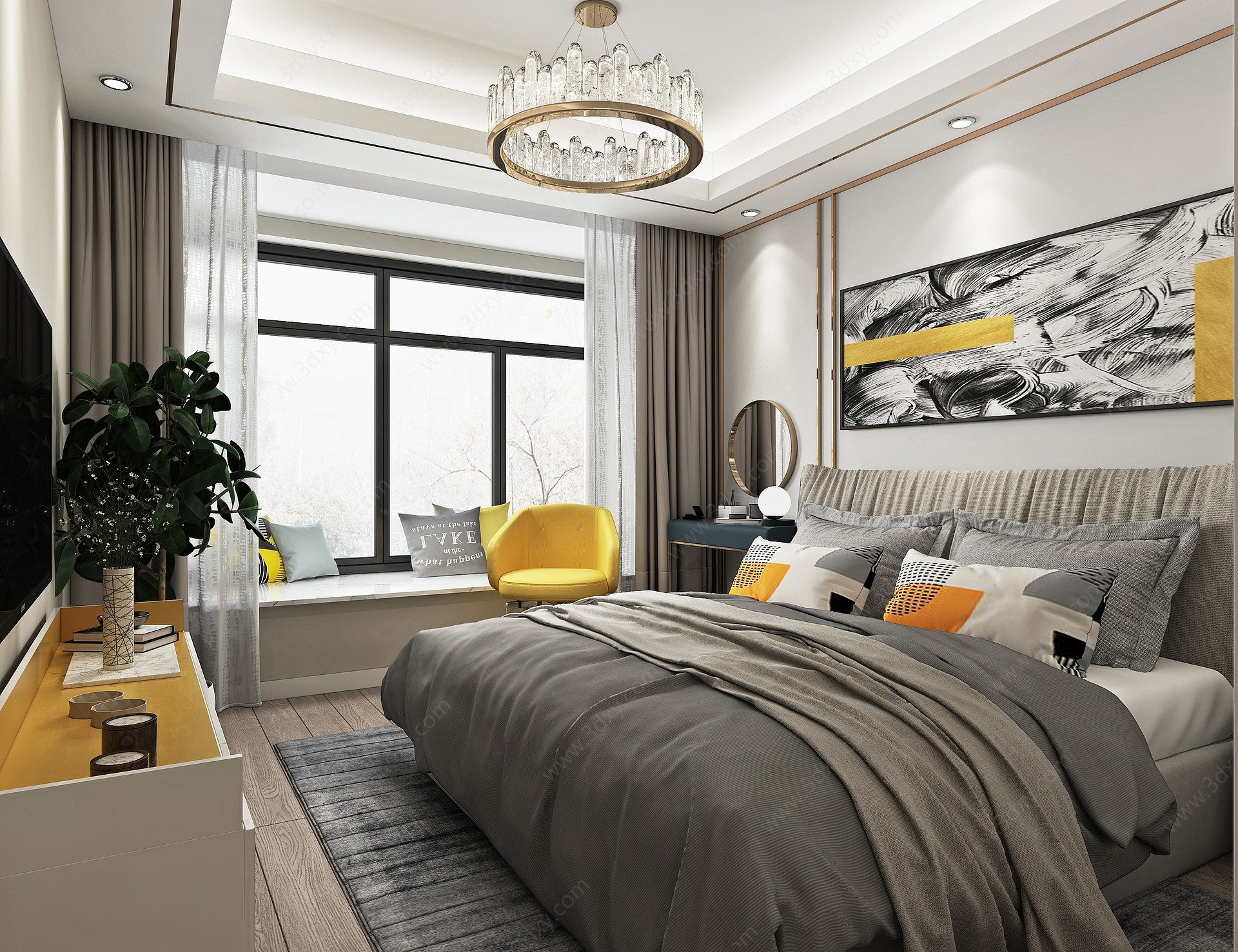 现代主卧室双人床吊灯3D模型