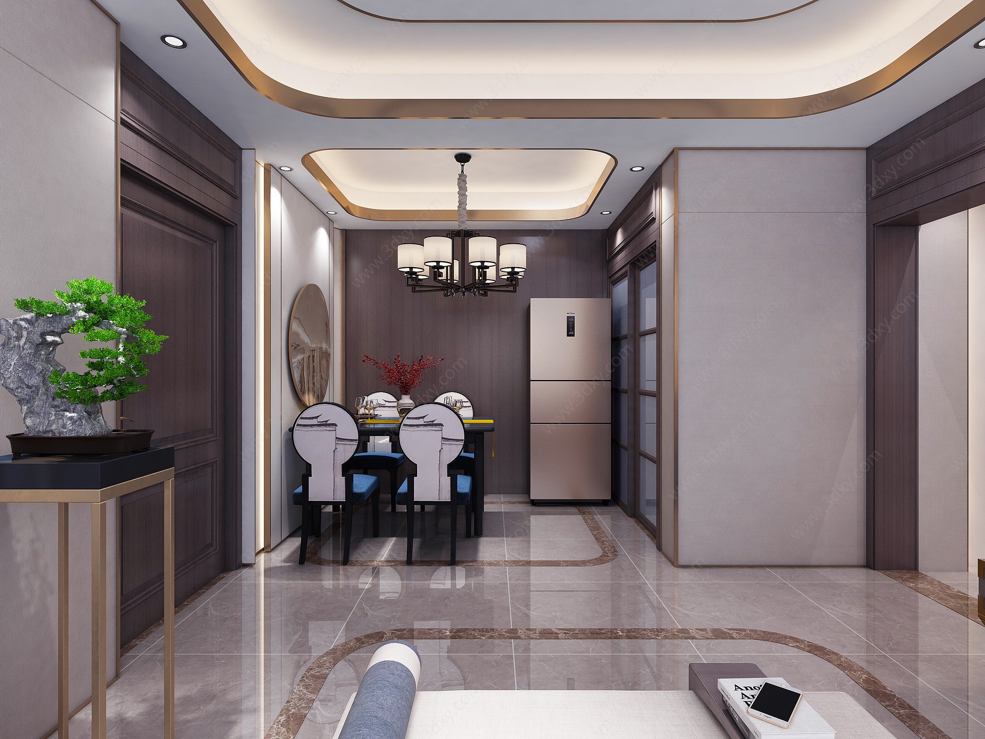 新中式客餐厅电视墙3D模型