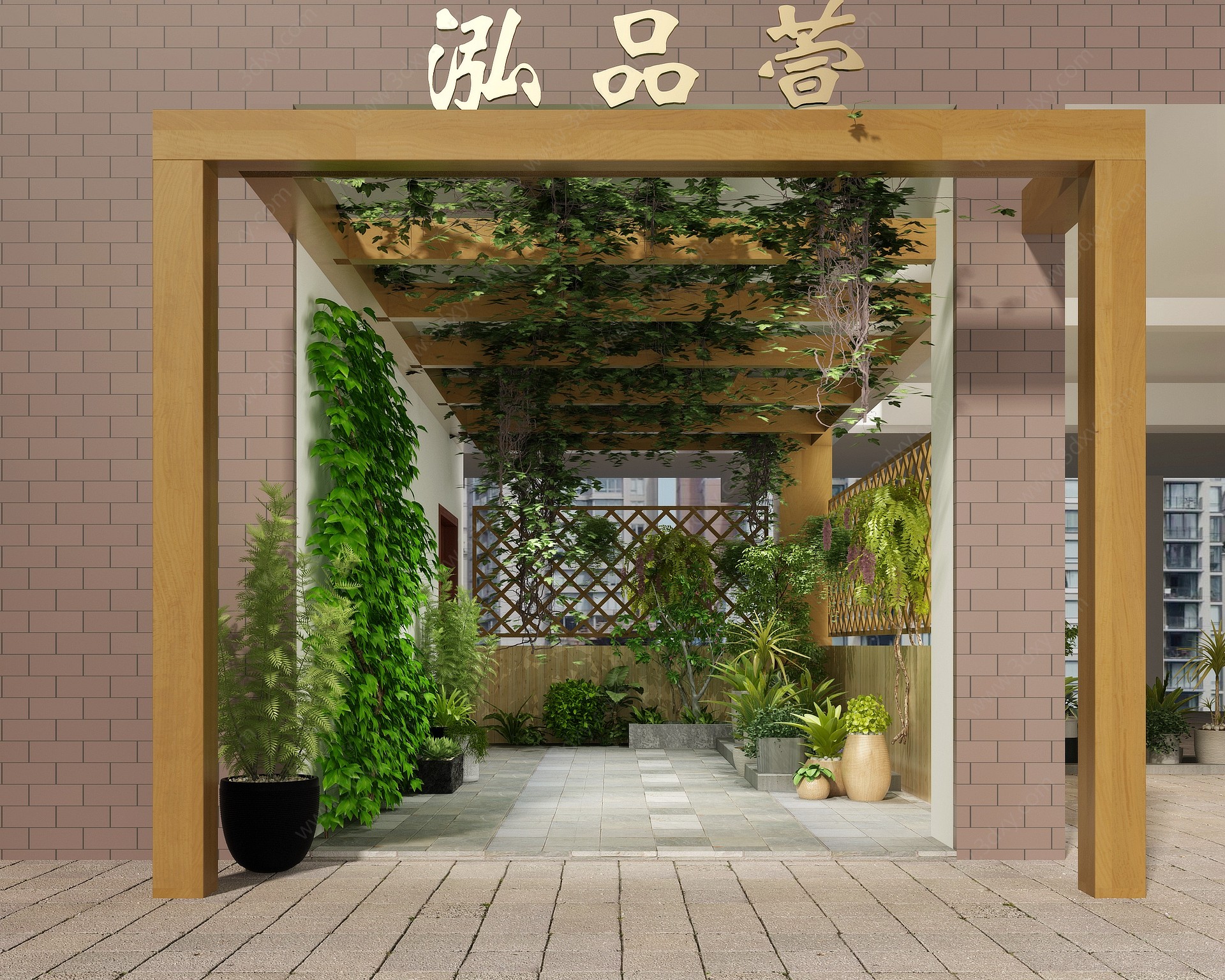 现代过道走廊植物景观门头3D模型