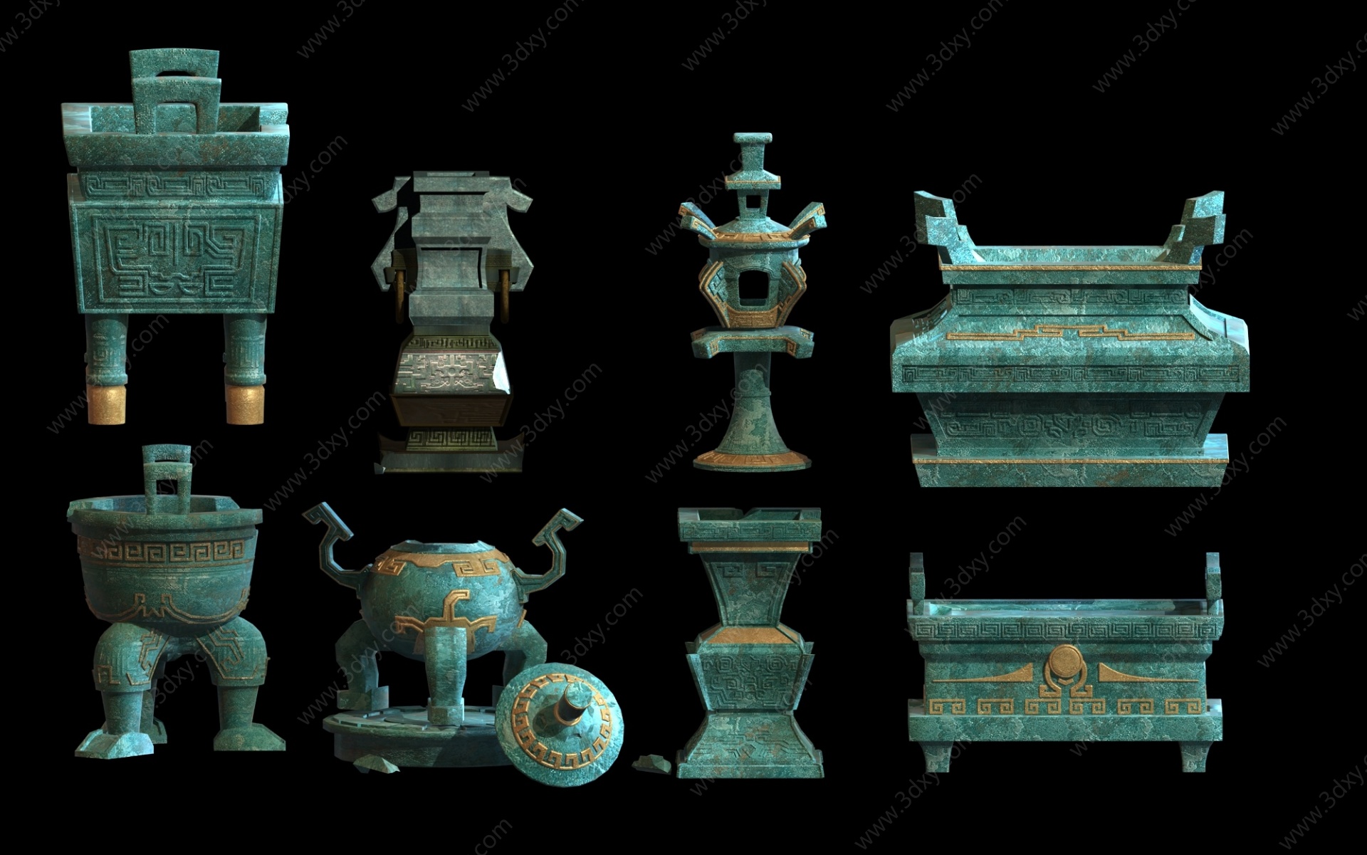 青铜器雕塑香炉鼎祭祀石灯3D模型