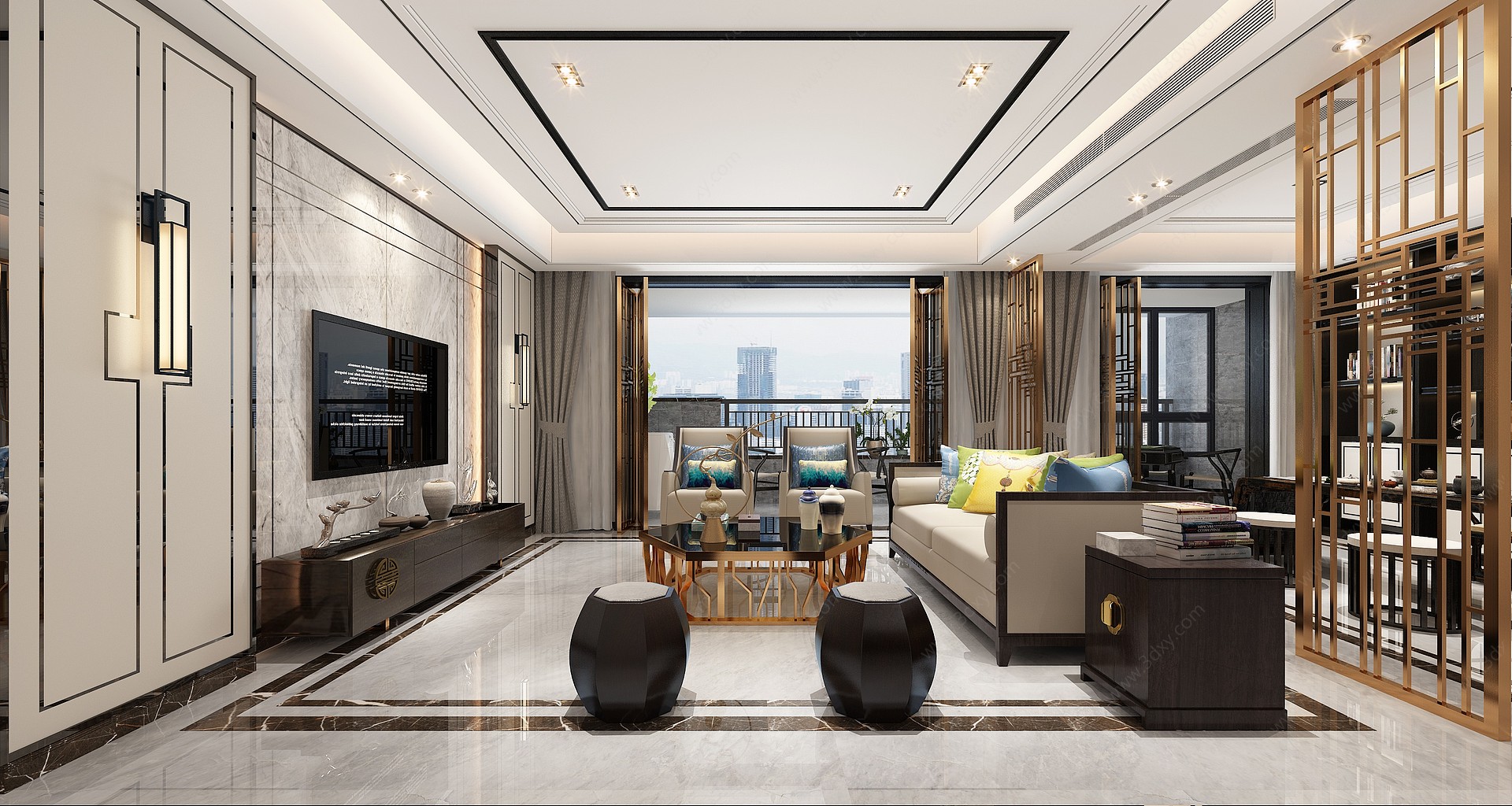 新中式大平层客厅3D模型
