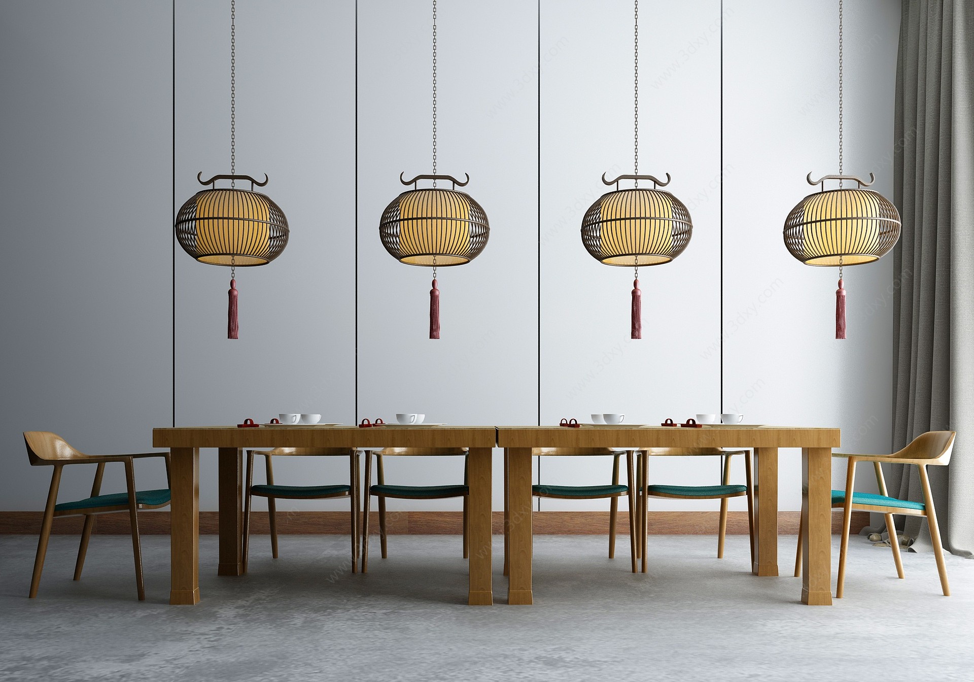 新中式实木餐桌竹编吊灯3D模型