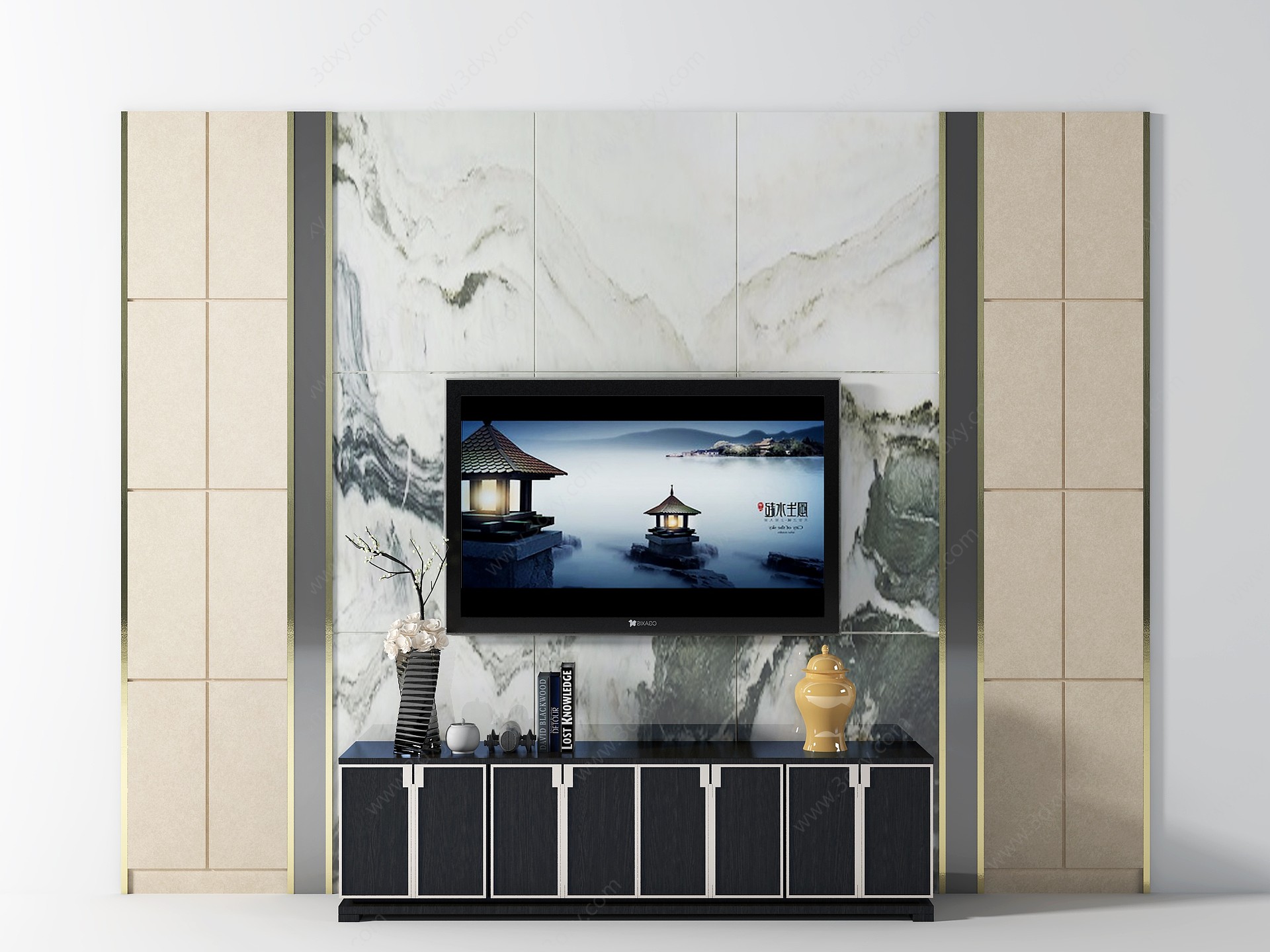 新中式电视柜背景墙3D模型