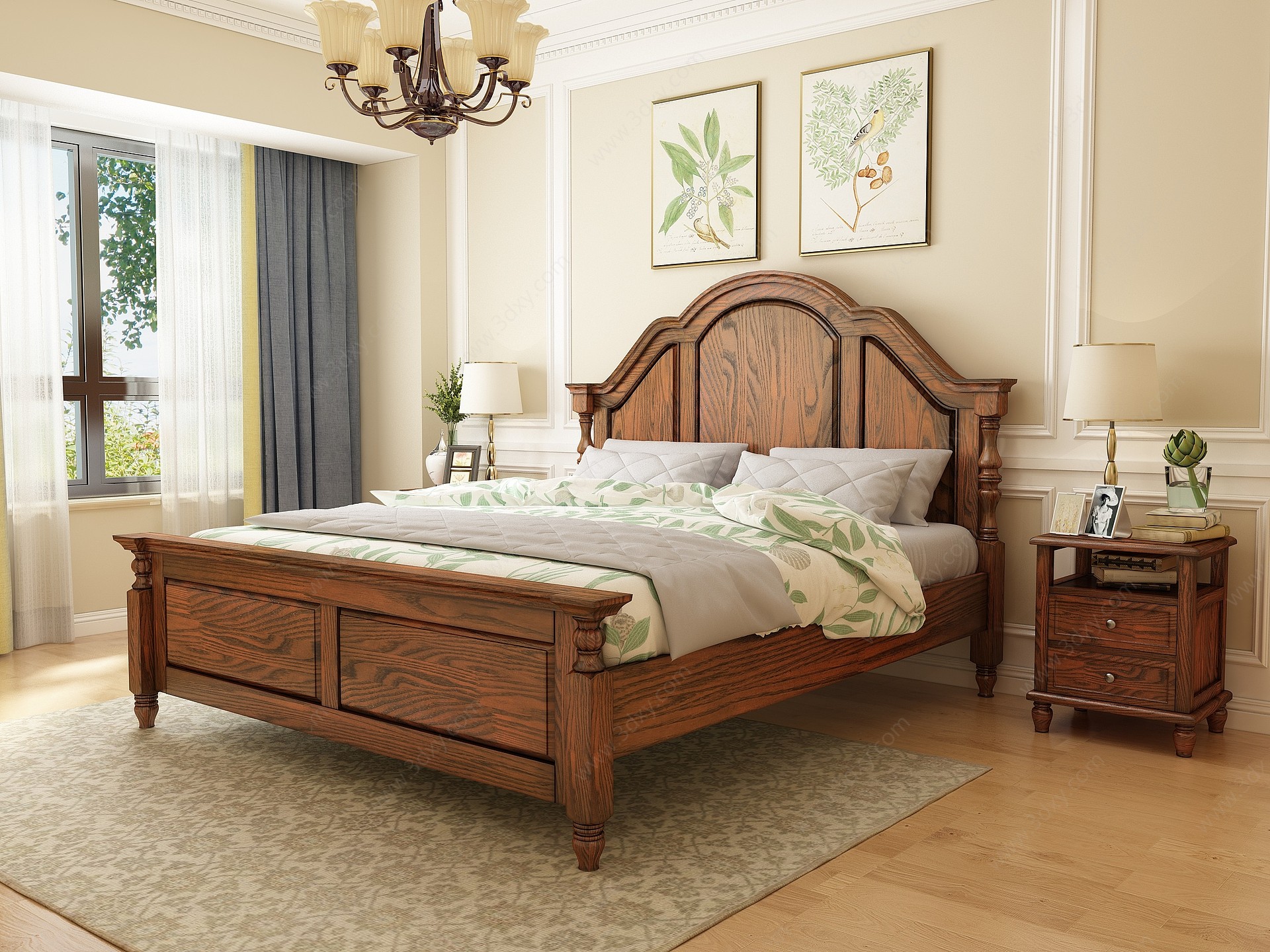 美式实木床美式卧室3D模型