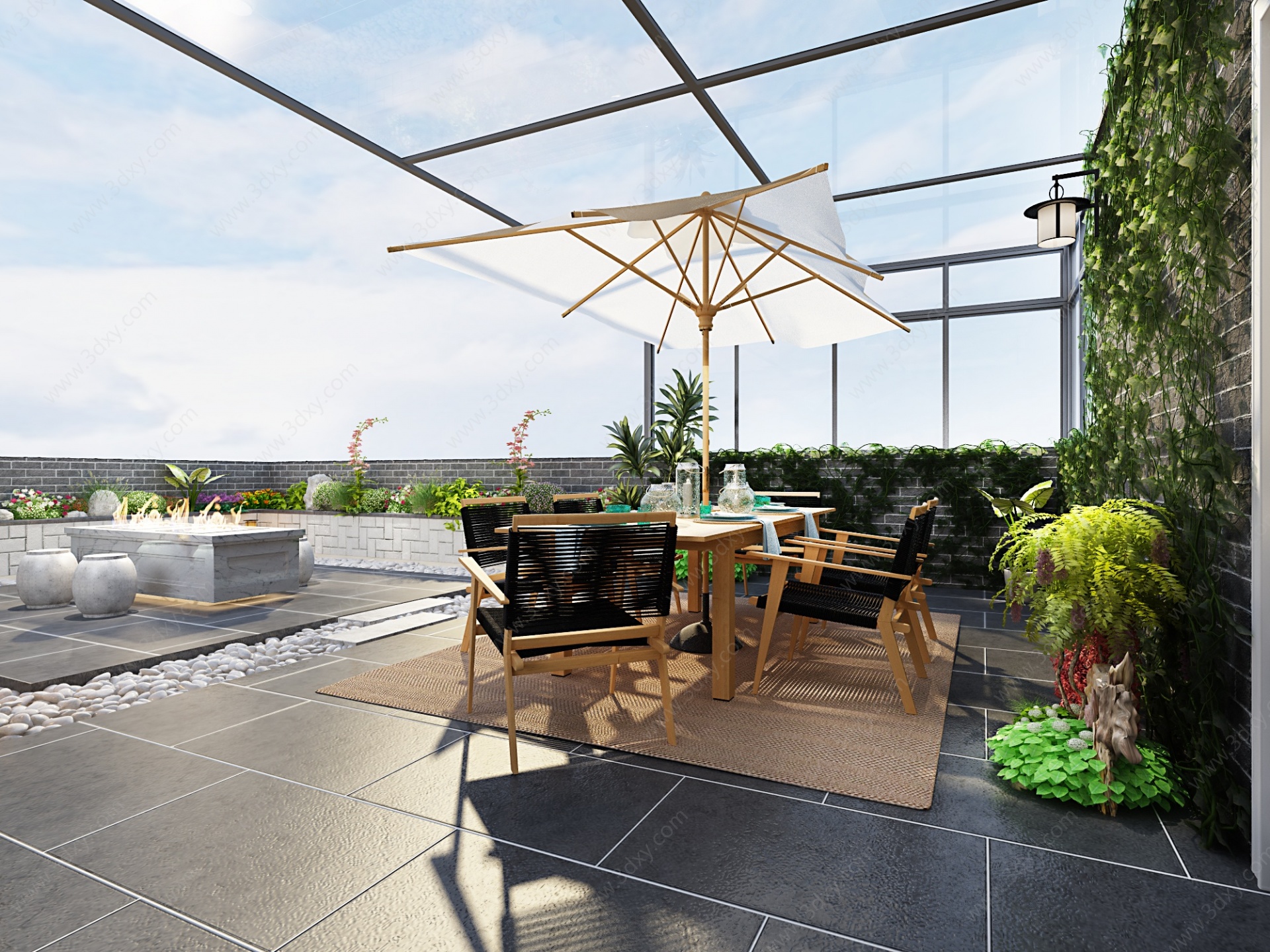 新中式顶楼花园阳台3D模型