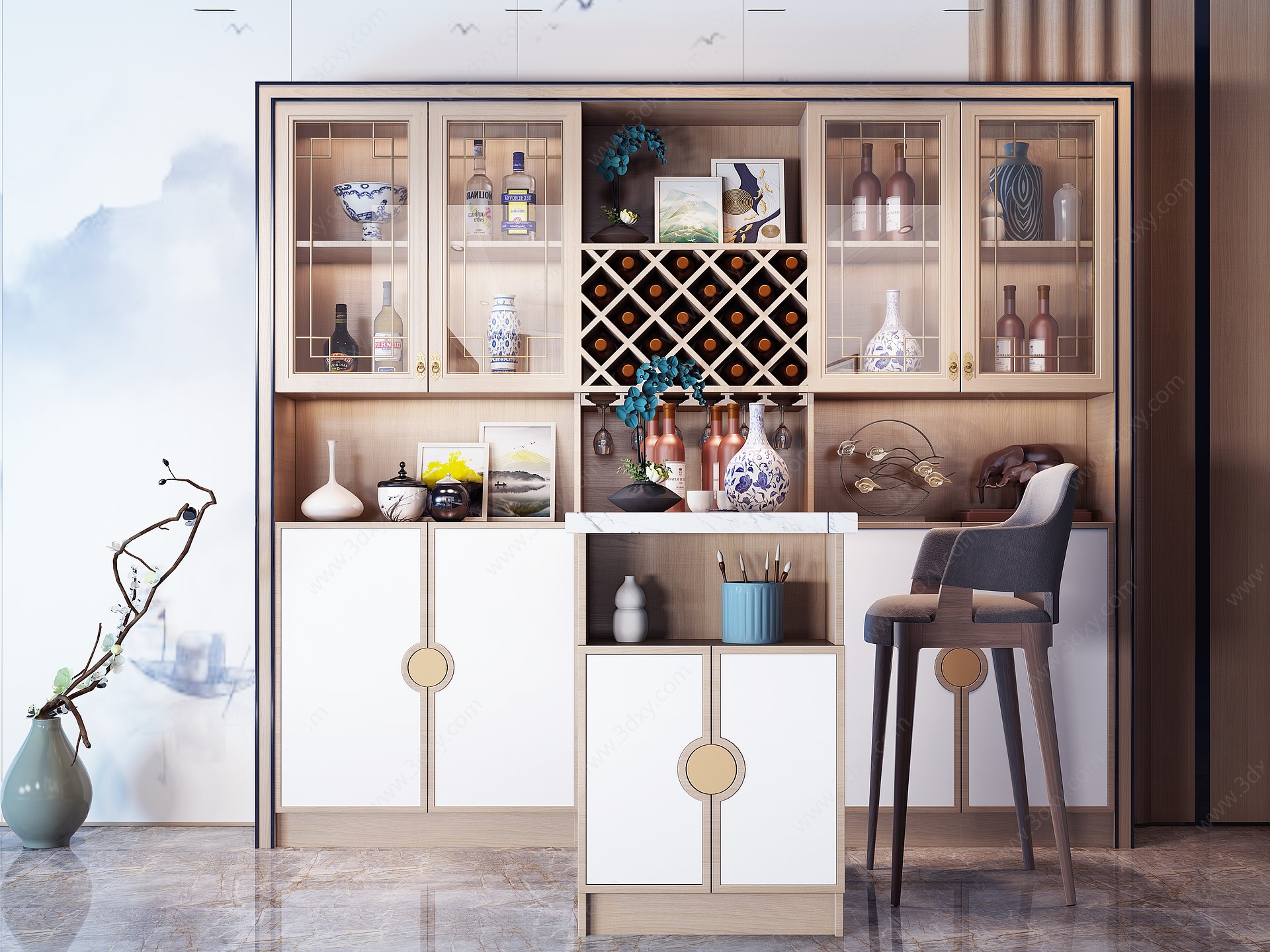 新中式实木吧台酒柜3D模型