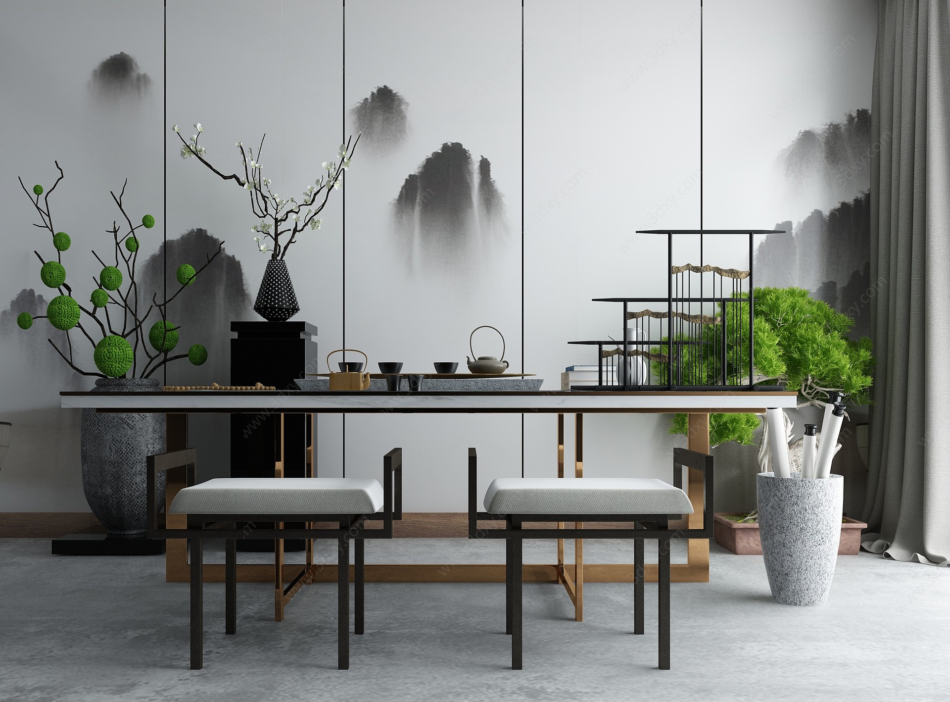 中式家庭休闲茶室品茶区3D模型