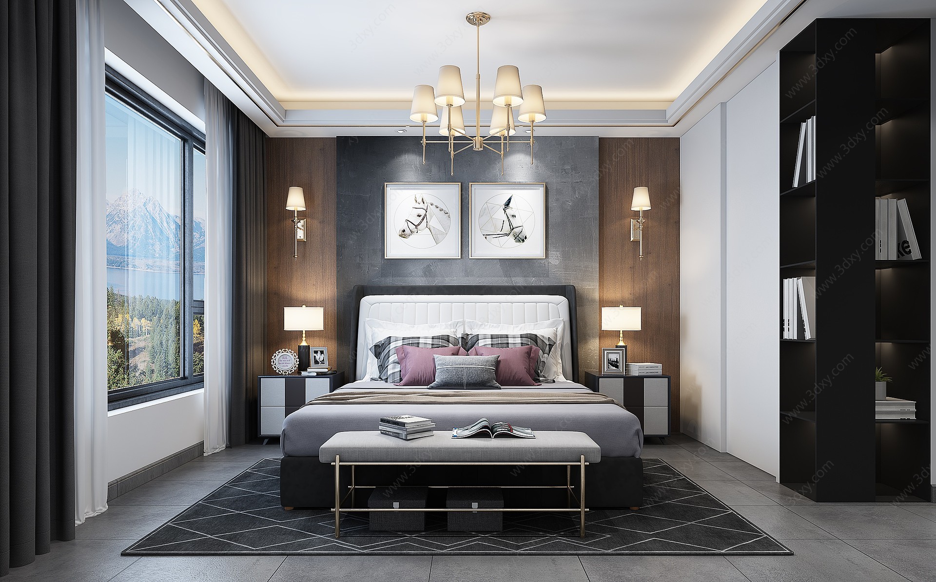 现代主卧室床吊灯窗帘衣柜3D模型