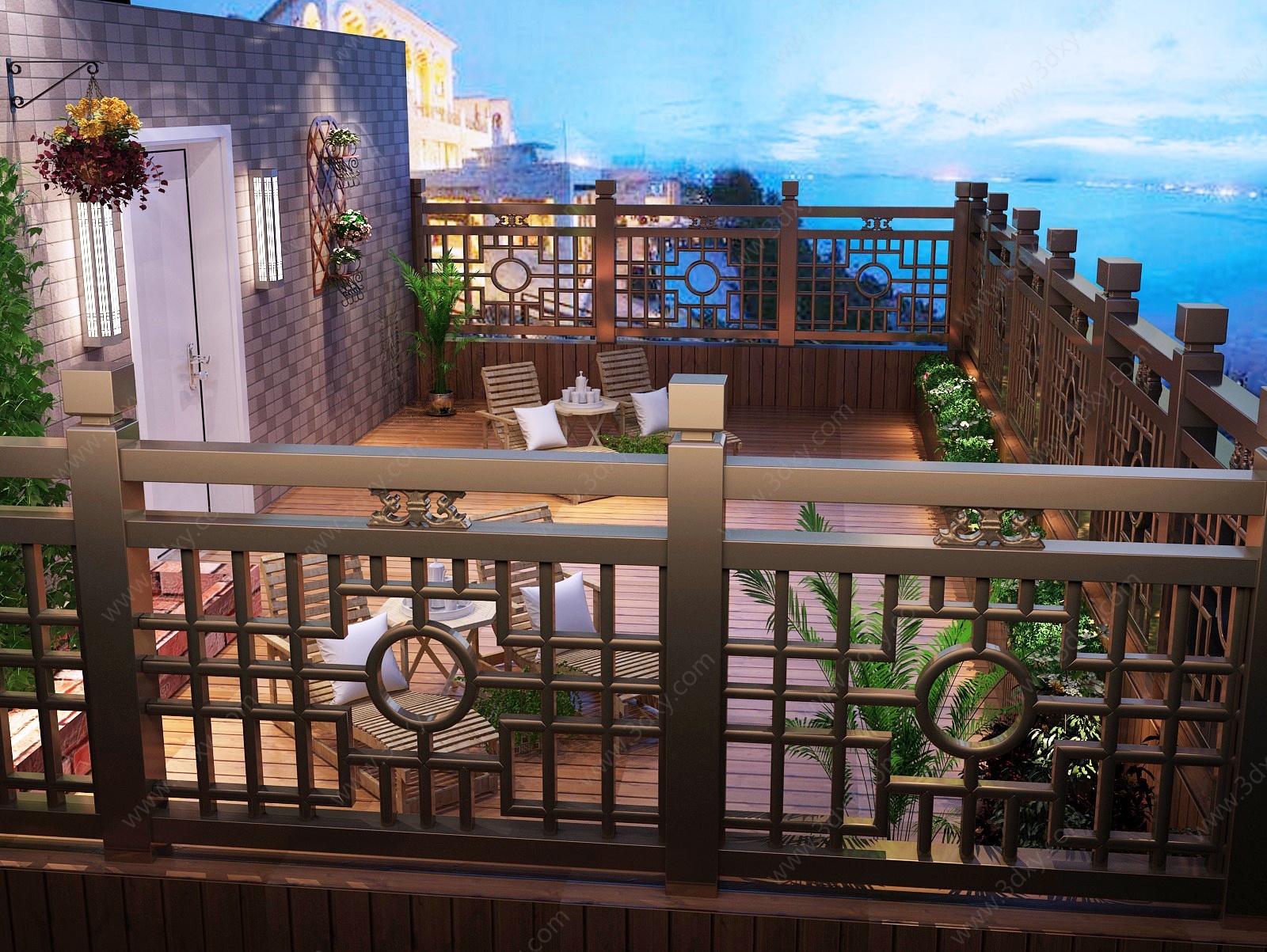新中式混搭海景花园阳台3D模型