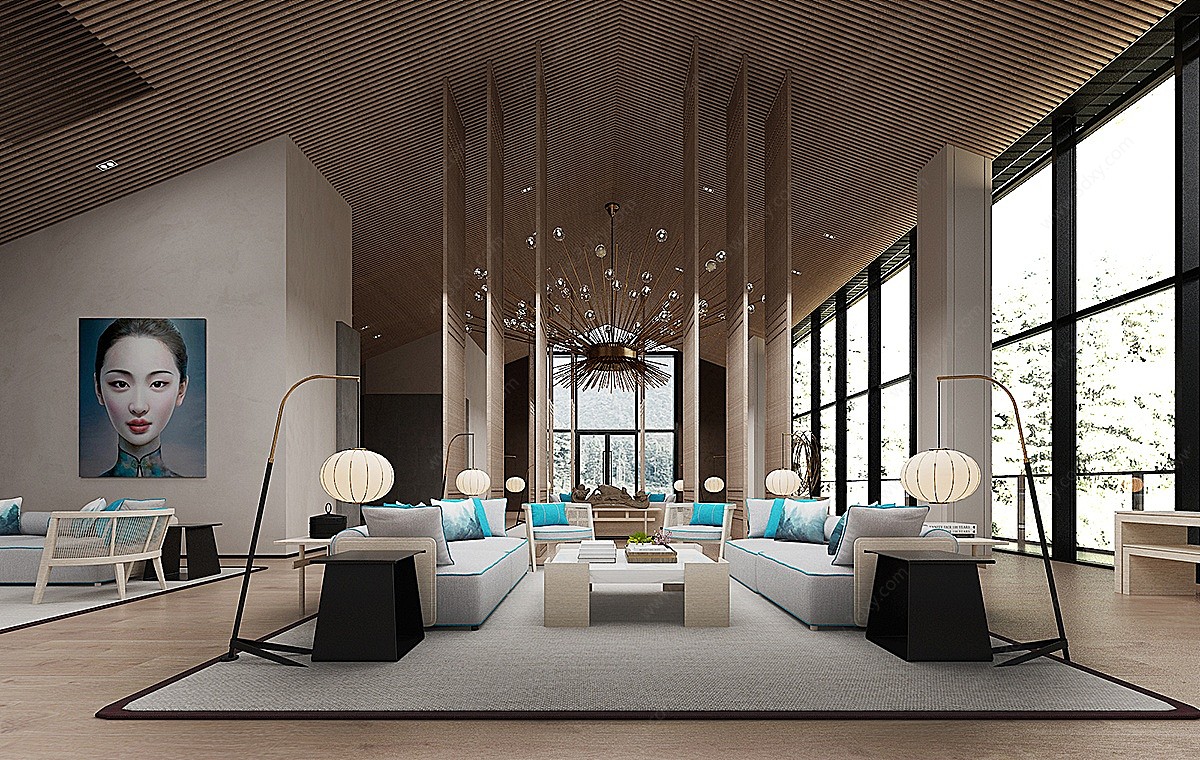 新中式酒店接待区3D模型