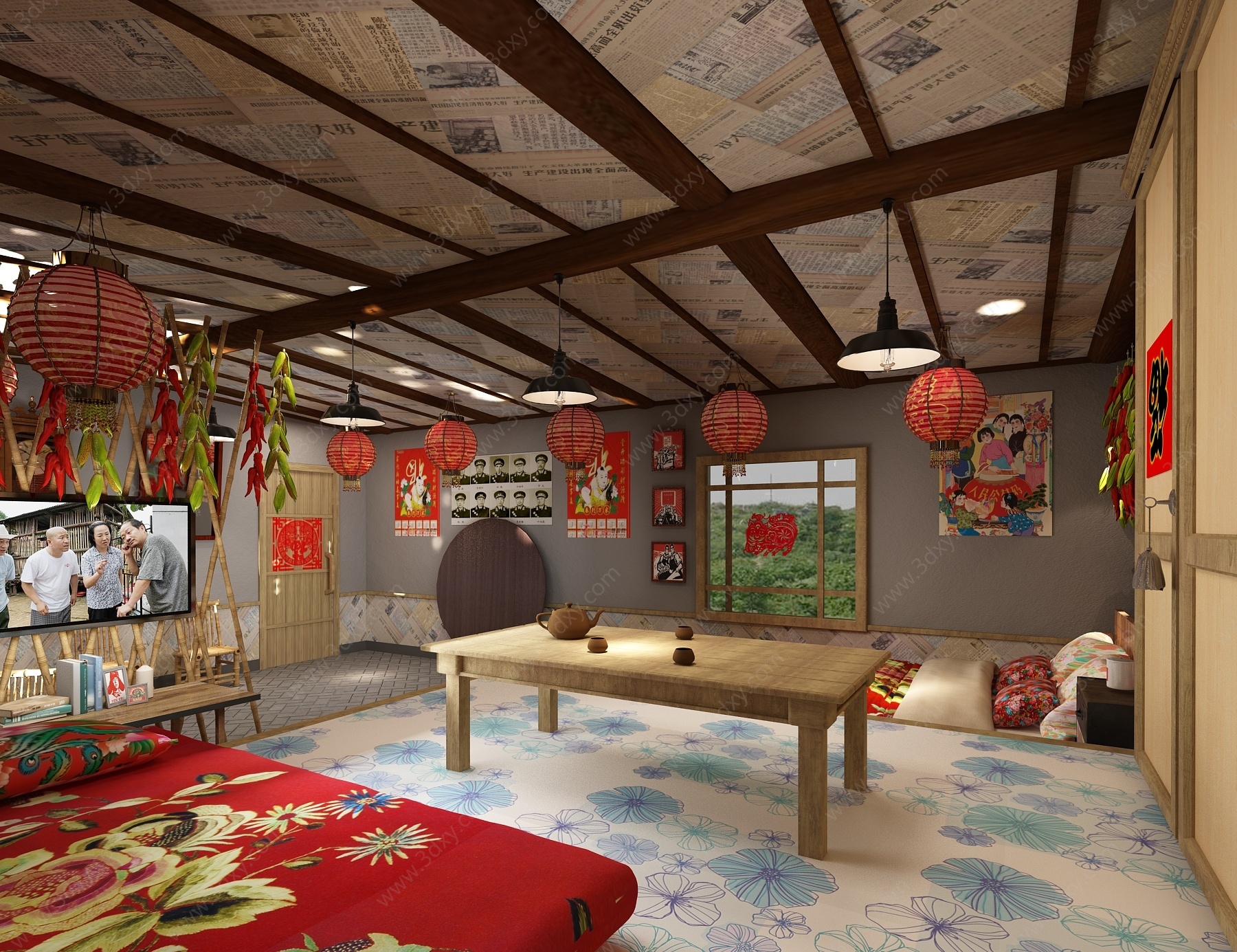 中式农家乐民宿卧室3D模型