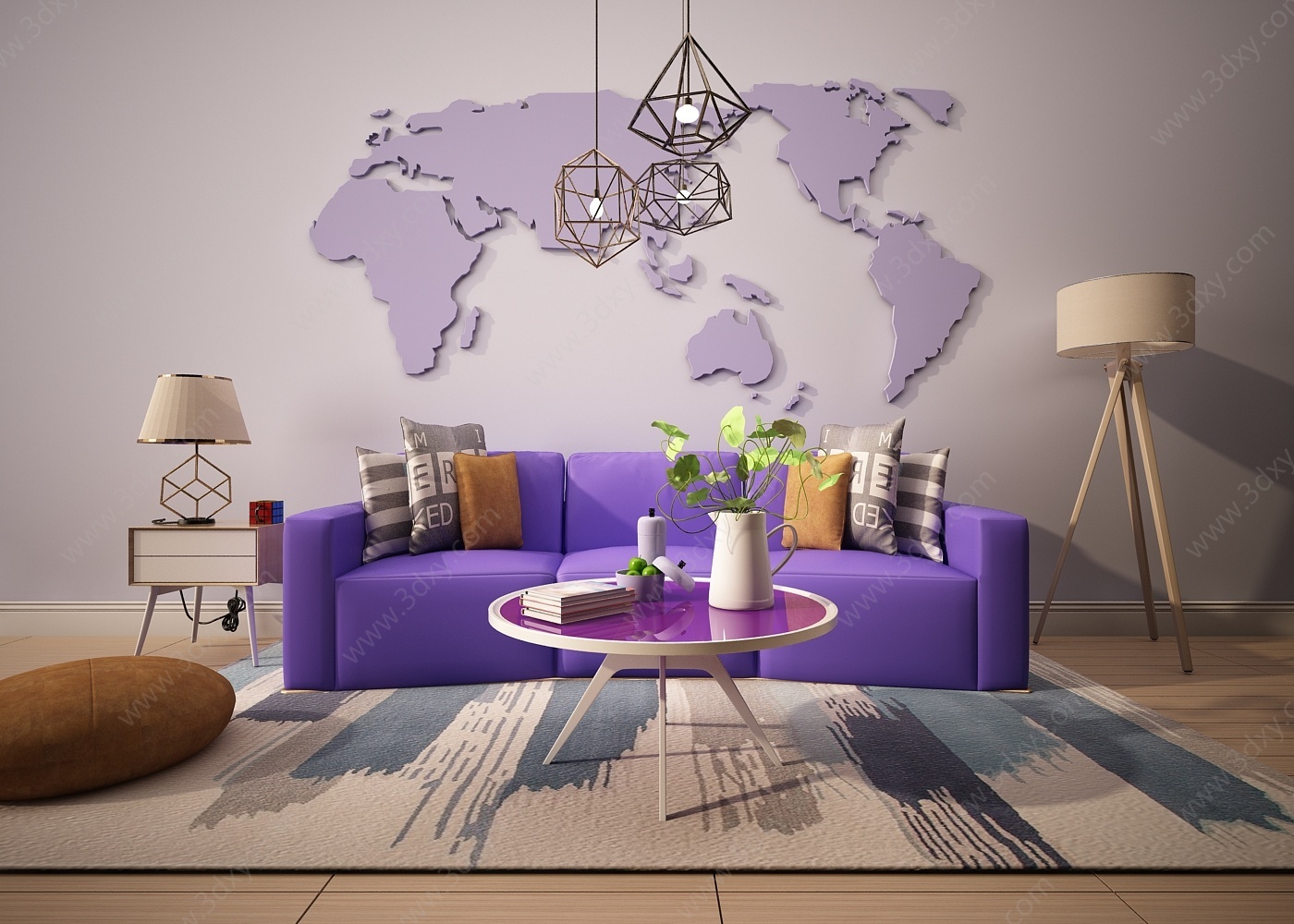 紫色沙发茶几装饰画组合3D模型