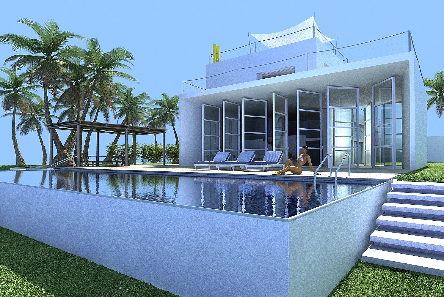 国外别墅游泳池3D模型