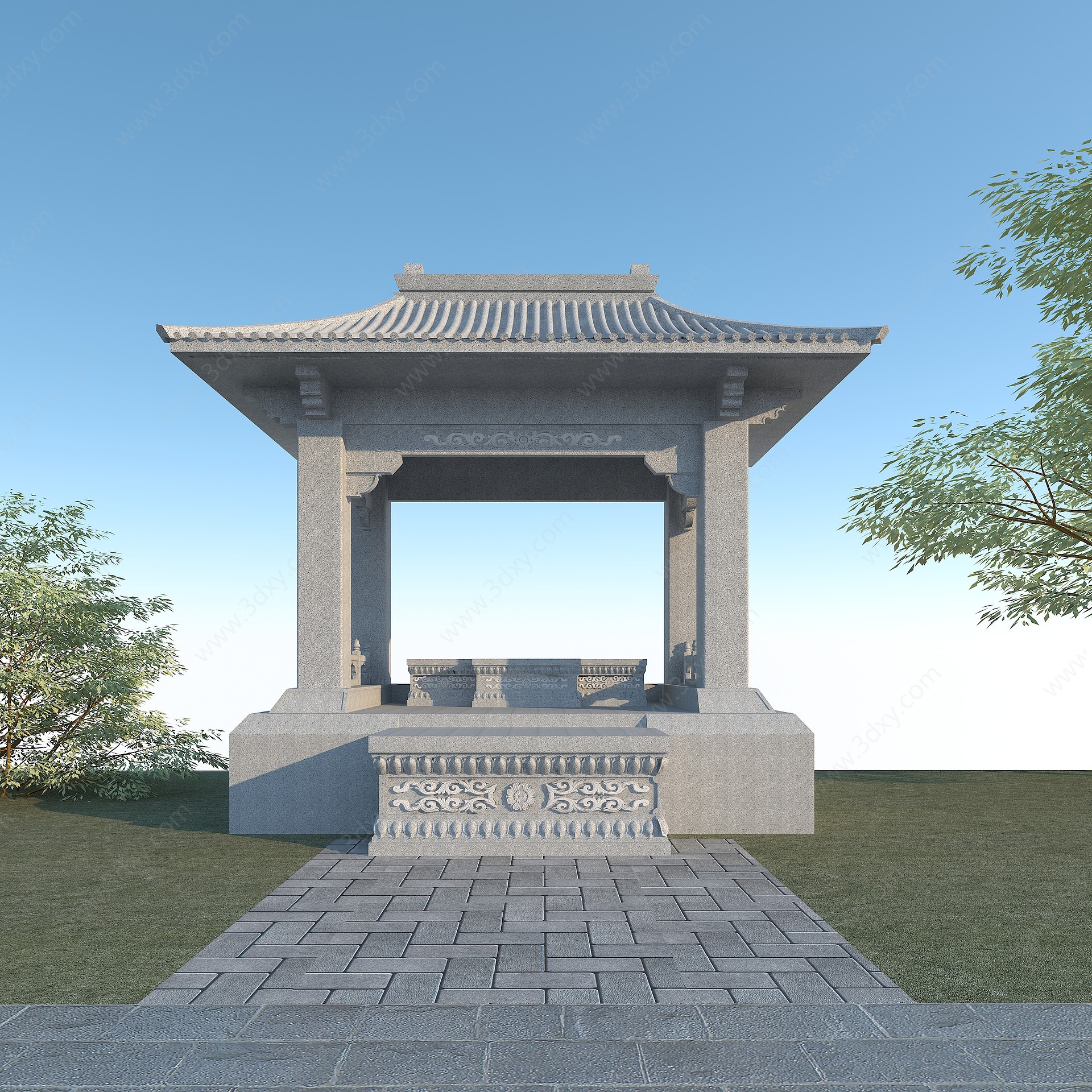 中式石亭子园林景观凉亭3D模型