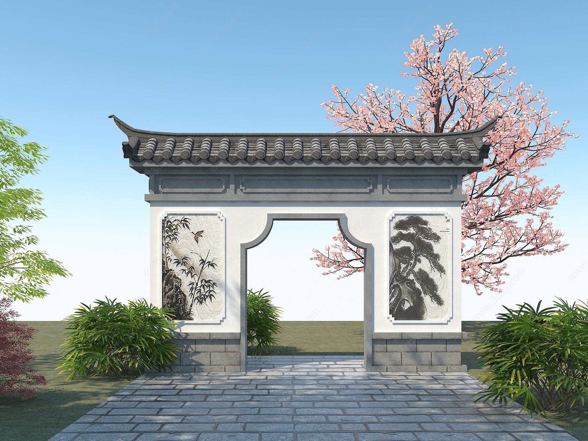 中式景墙拱门园林景观3D模型