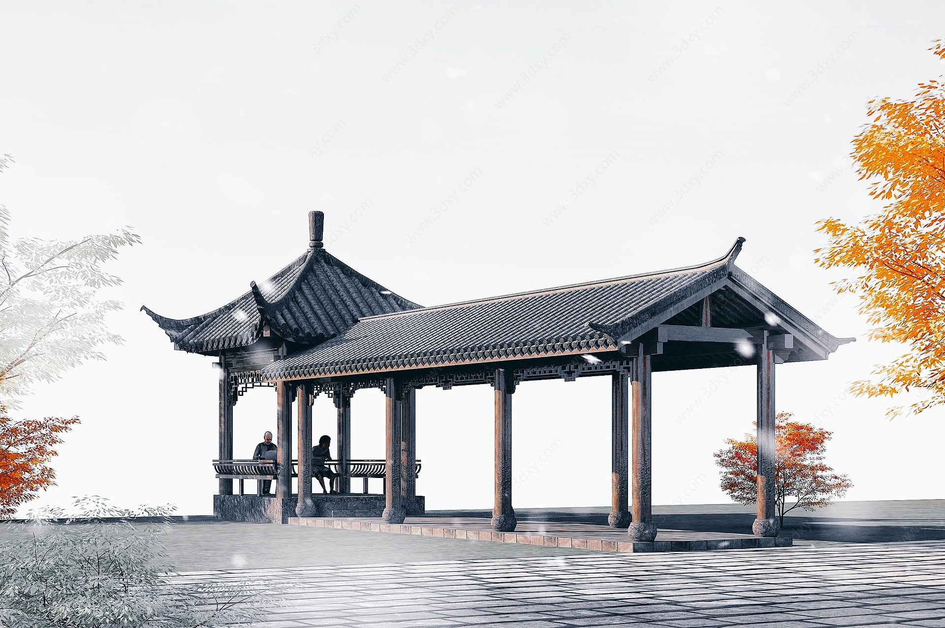 中式长廊亭子3D模型