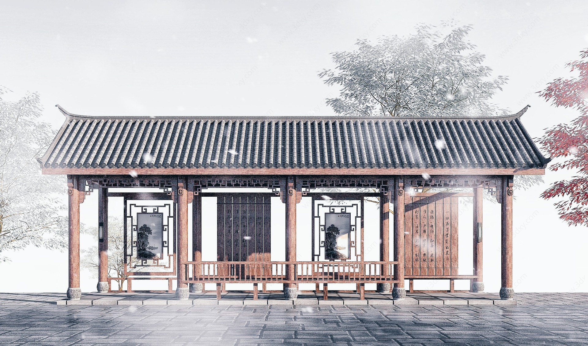 中式长廊古建筑3D模型